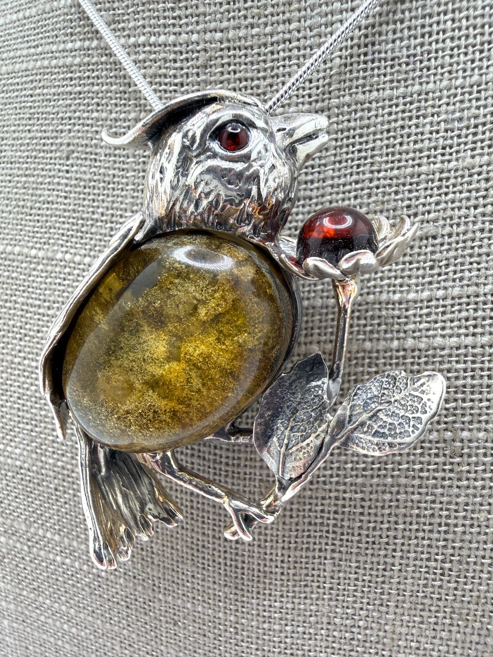 Unique Baltic Amber Sterling Silver Bird Pendant or Brooch