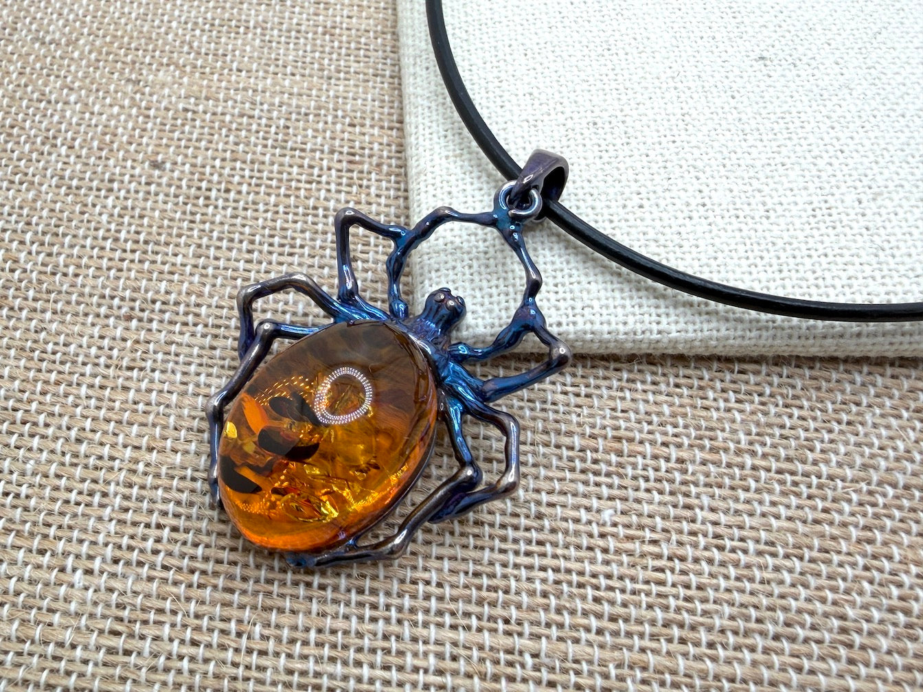 Unique Copper Blue Oxidized Sterling Silver Spider Pendant with Genuine Cognac Baltic Amber Stone on Black Leather Wire