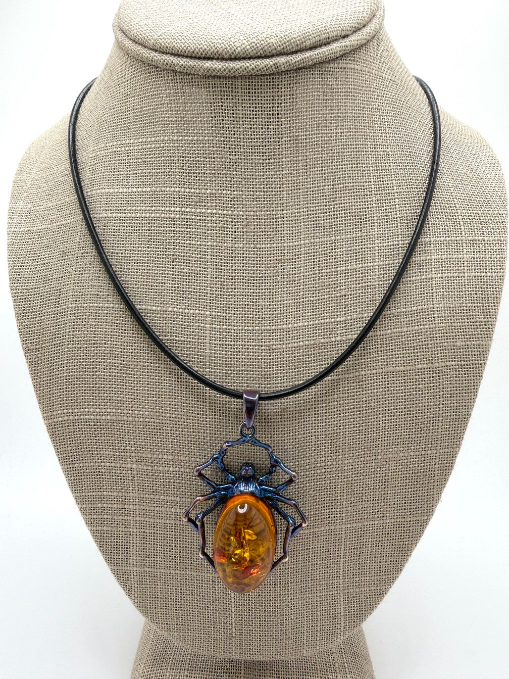Unique Copper Blue Oxidized Sterling Silver Spider Pendant with Genuine Cognac Baltic Amber Stone on Black Leather Wire