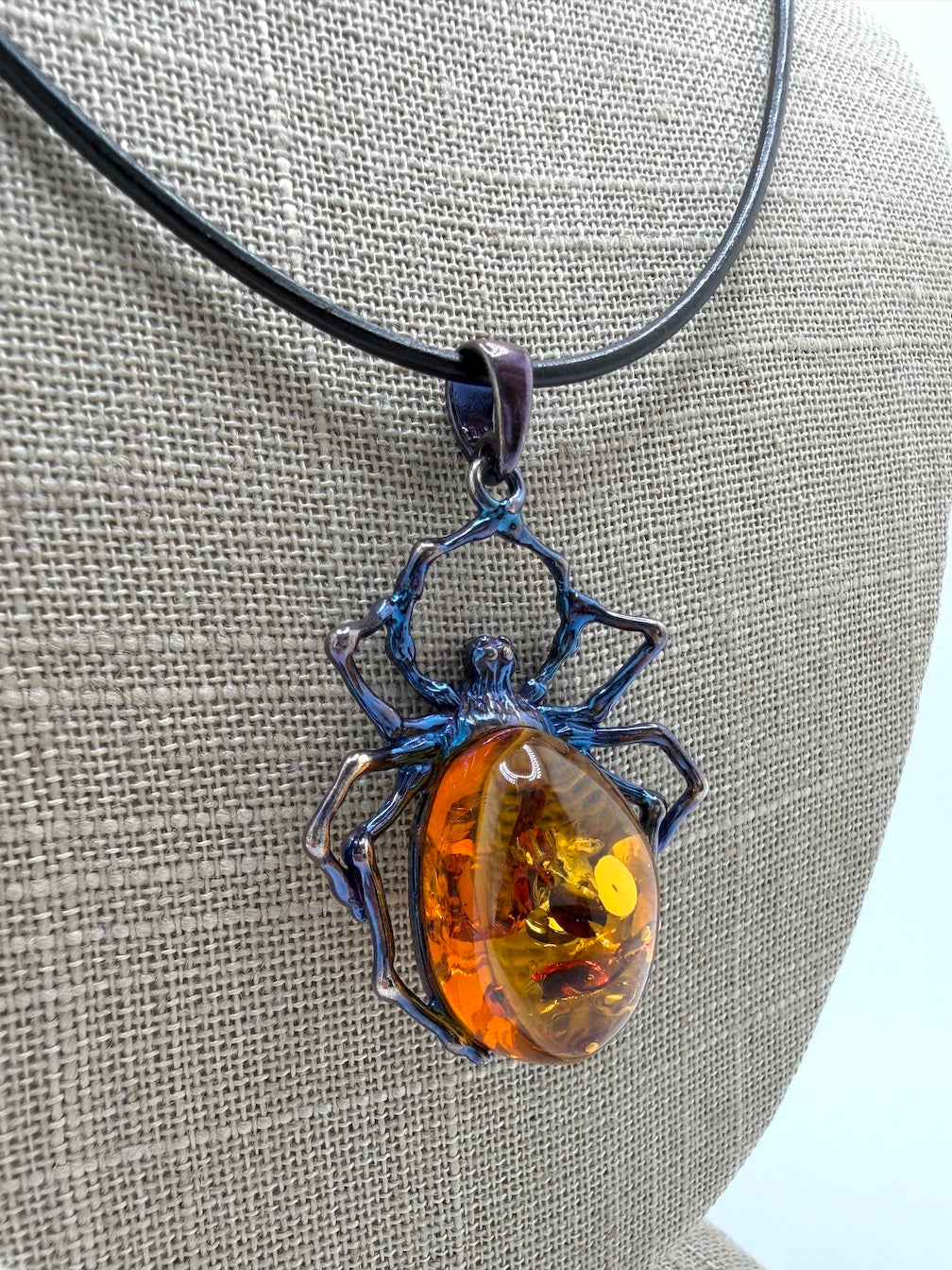 Unique Copper Blue Oxidized Sterling Silver Spider Pendant with Genuine Cognac Baltic Amber Stone on Black Leather Wire