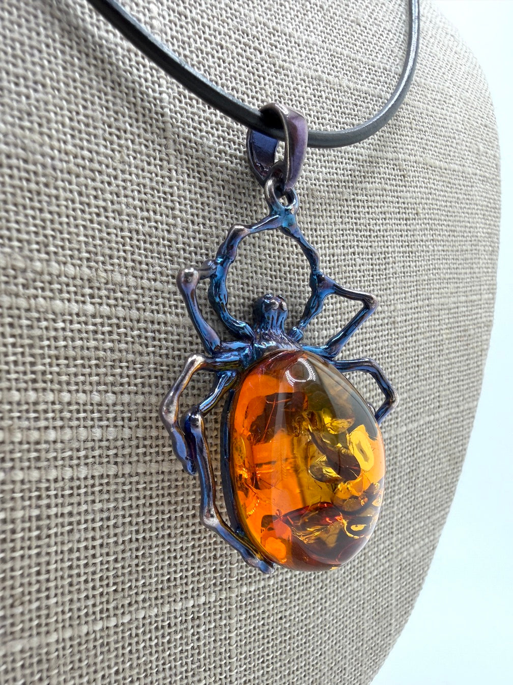 Unique Copper Blue Oxidized Sterling Silver Spider Pendant with Genuine Cognac Baltic Amber Stone on Black Leather Wire