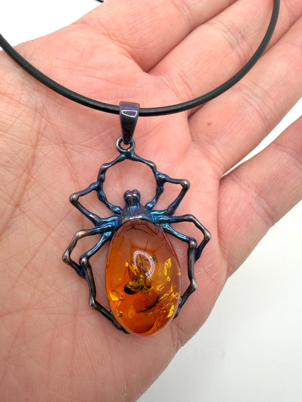 Unique Copper Blue Oxidized Sterling Silver Spider Pendant with Genuine Cognac Baltic Amber Stone on Black Leather Wire