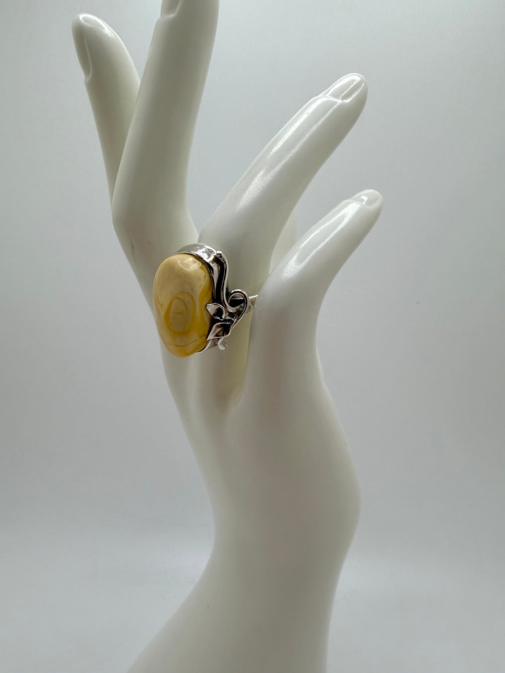 Unique Floral Leaf Ring with Genuine Rare Butterscotch Baltic Amber