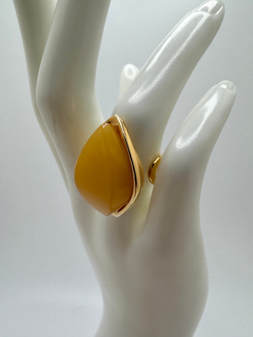 Unique Marquise Yellow Butterscotch Baltic Amber Adjustable Ring in Gold Plated Sterling Silver