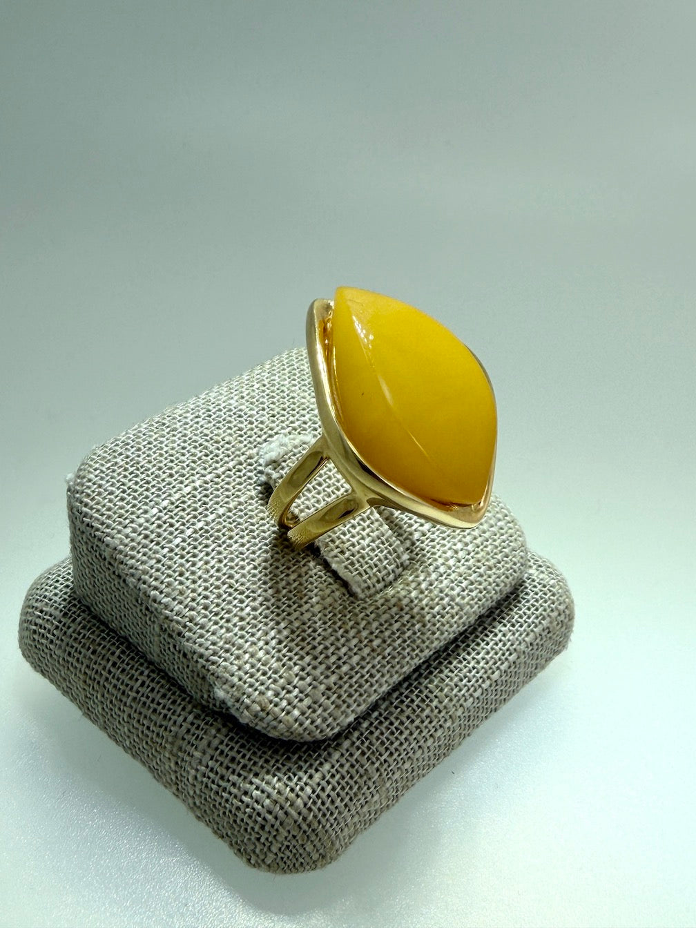 Unique Marquise Yellow Butterscotch Baltic Amber Adjustable Ring in Gold Plated Sterling Silver
