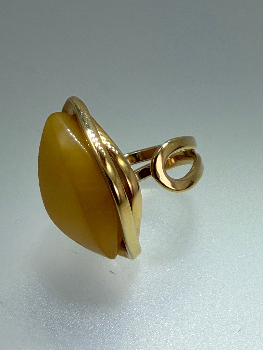 Unique Marquise Yellow Butterscotch Baltic Amber Adjustable Ring in Gold Plated Sterling Silver