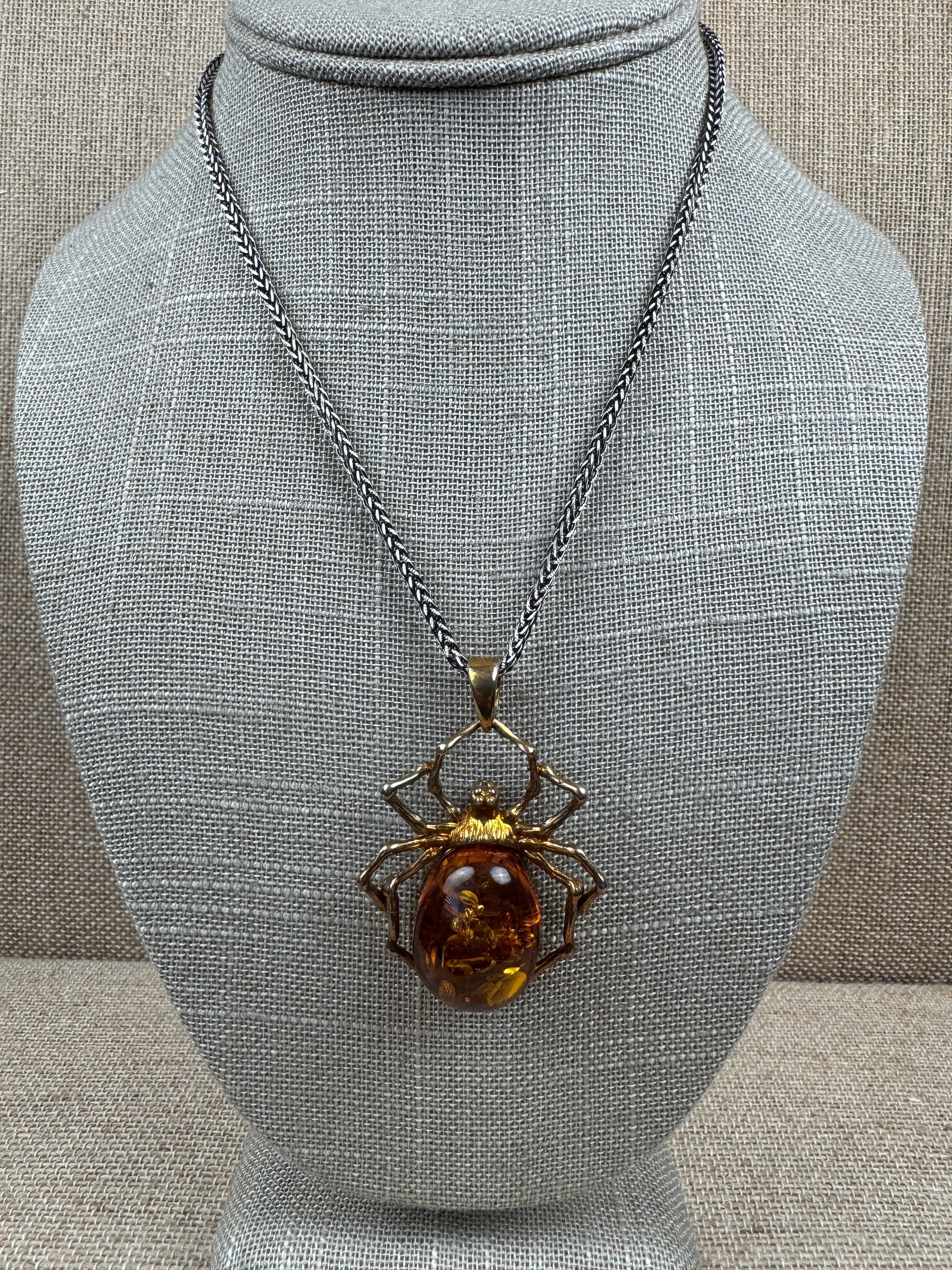 Unique Oxidized Sterling Silver Spider Pendant with Genuine Cognac Baltic Amber Stone on Oxidized Wheat Chain