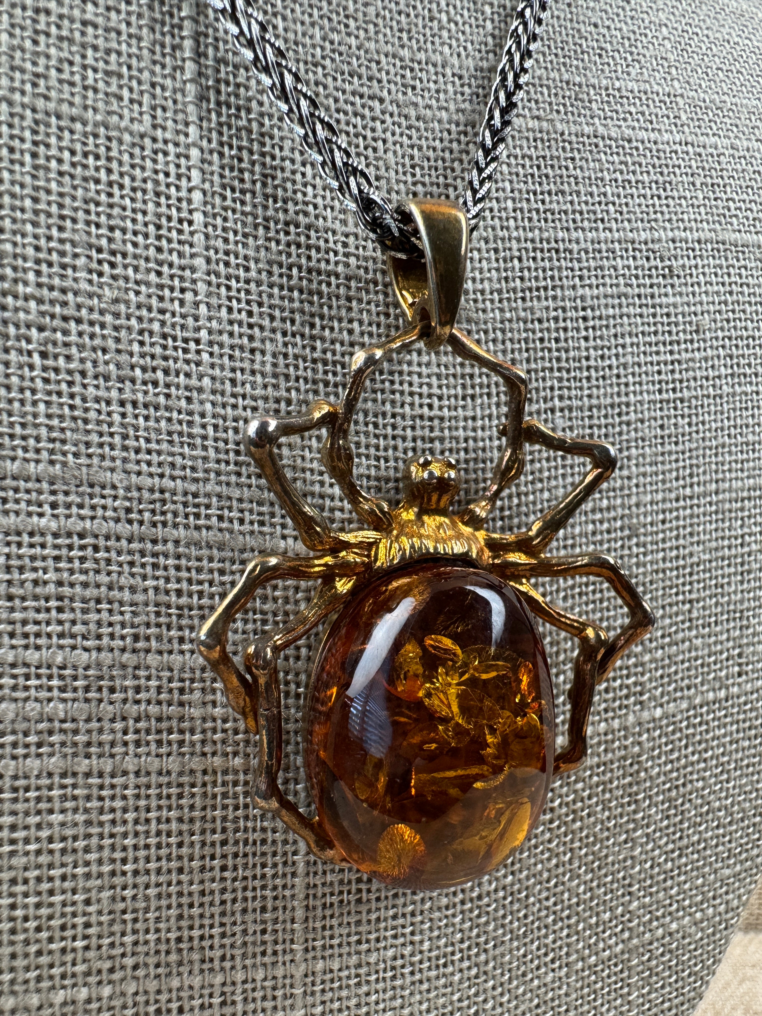 Unique Oxidized Sterling Silver Spider Pendant with Genuine Cognac Baltic Amber Stone on Oxidized Wheat Chain