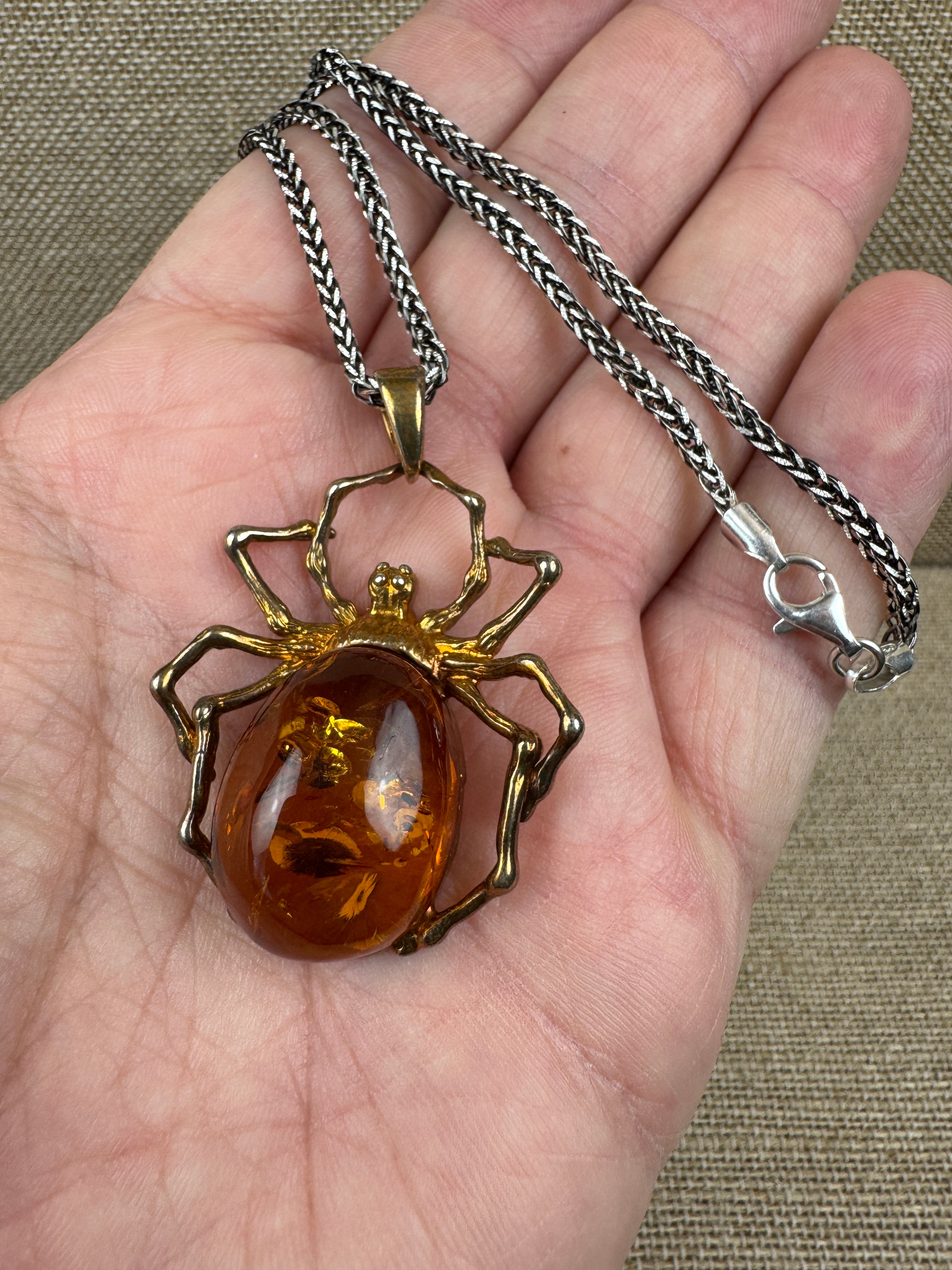 Unique Oxidized Sterling Silver Spider Pendant with Genuine Cognac Baltic Amber Stone on Oxidized Wheat Chain