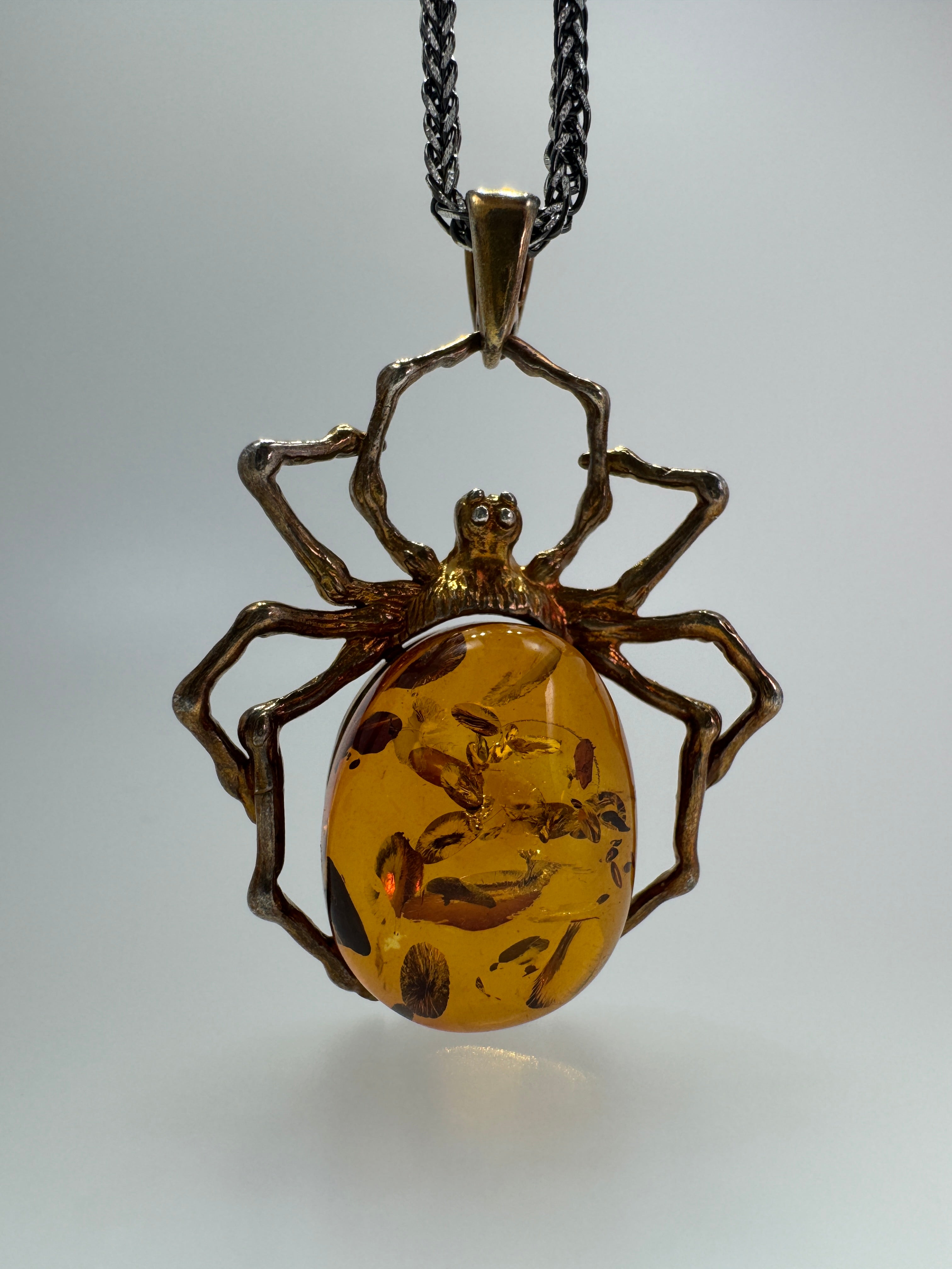 Unique Oxidized Sterling Silver Spider Pendant with Genuine Cognac Baltic Amber Stone on Oxidized Wheat Chain