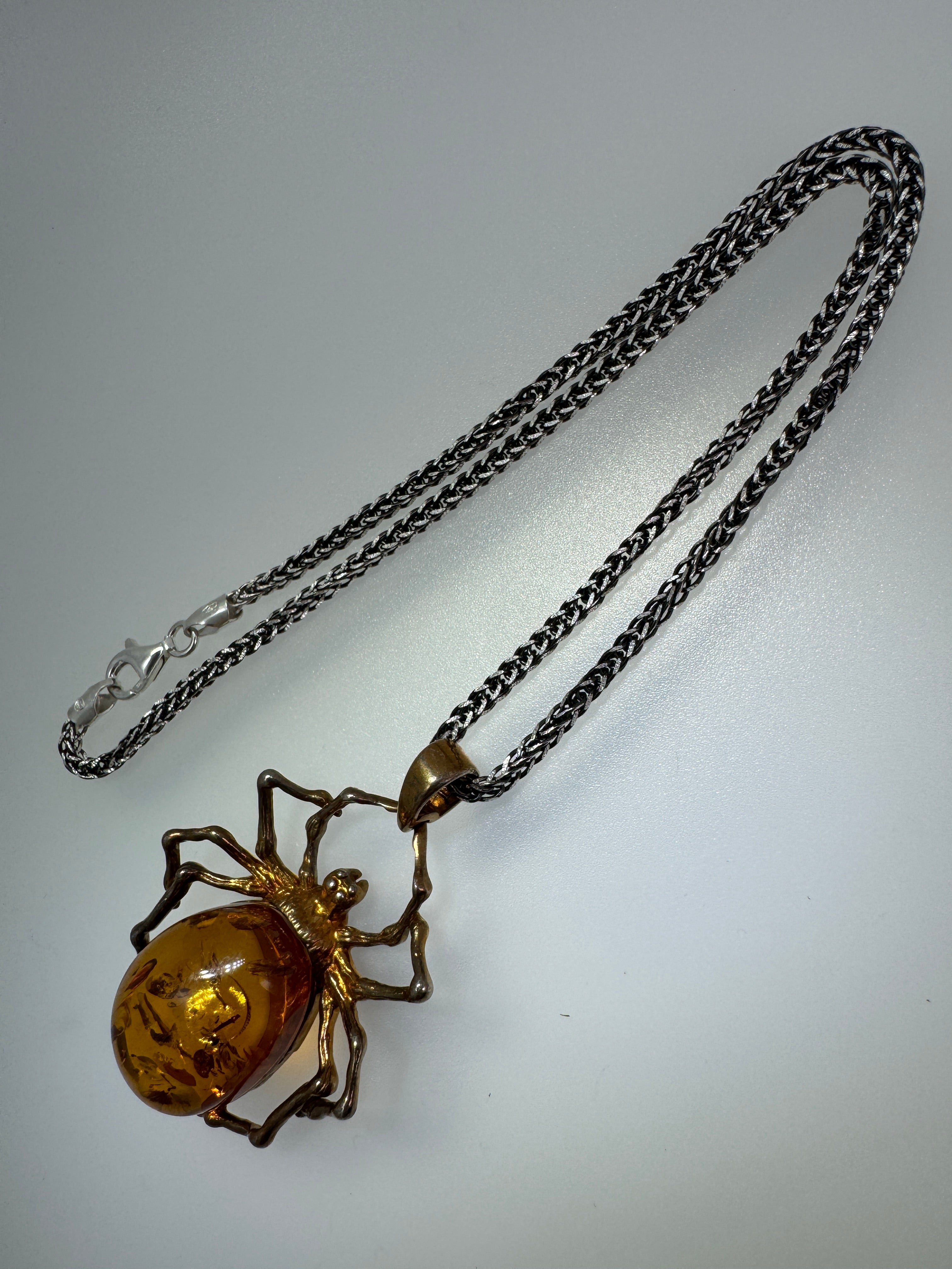 Unique Oxidized Sterling Silver Spider Pendant with Genuine Cognac Baltic Amber Stone on Oxidized Wheat Chain