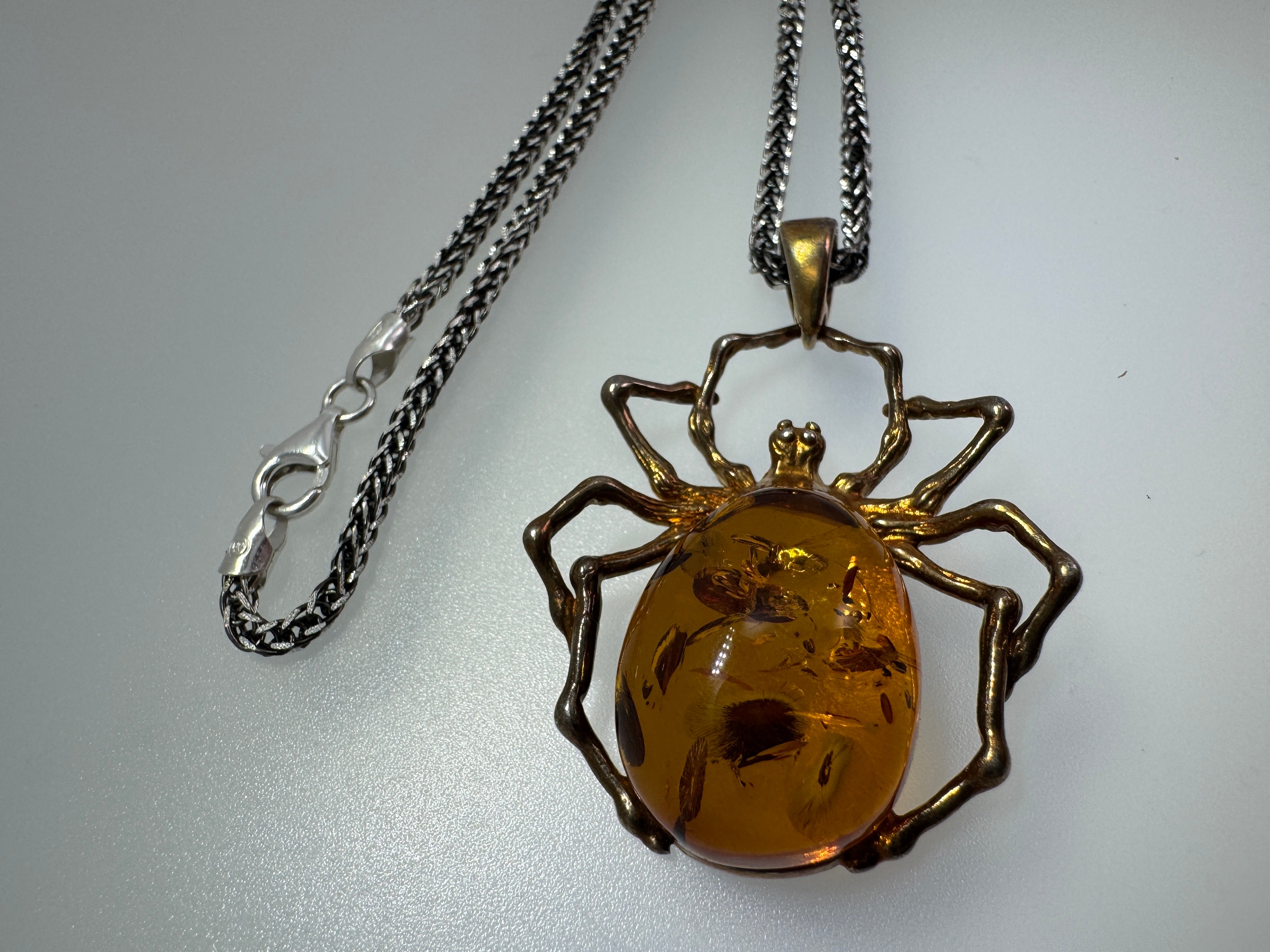 Unique Oxidized Sterling Silver Spider Pendant with Genuine Cognac Baltic Amber Stone on Oxidized Wheat Chain