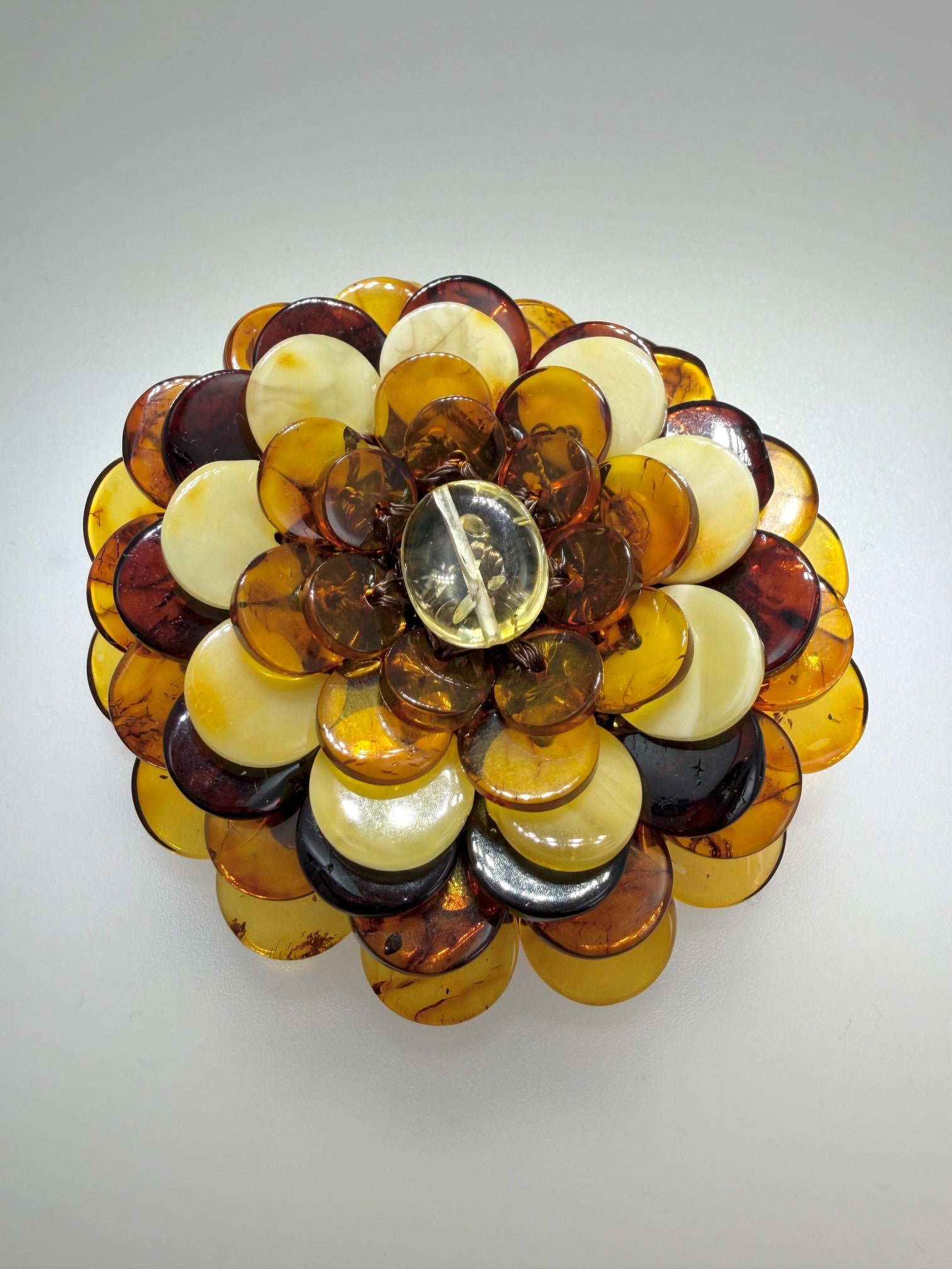 Handmade Lithuanian Multicolor Baltic Amber Flower Pendant Necklace & Brooch – Sterling Silver & Leather Cord