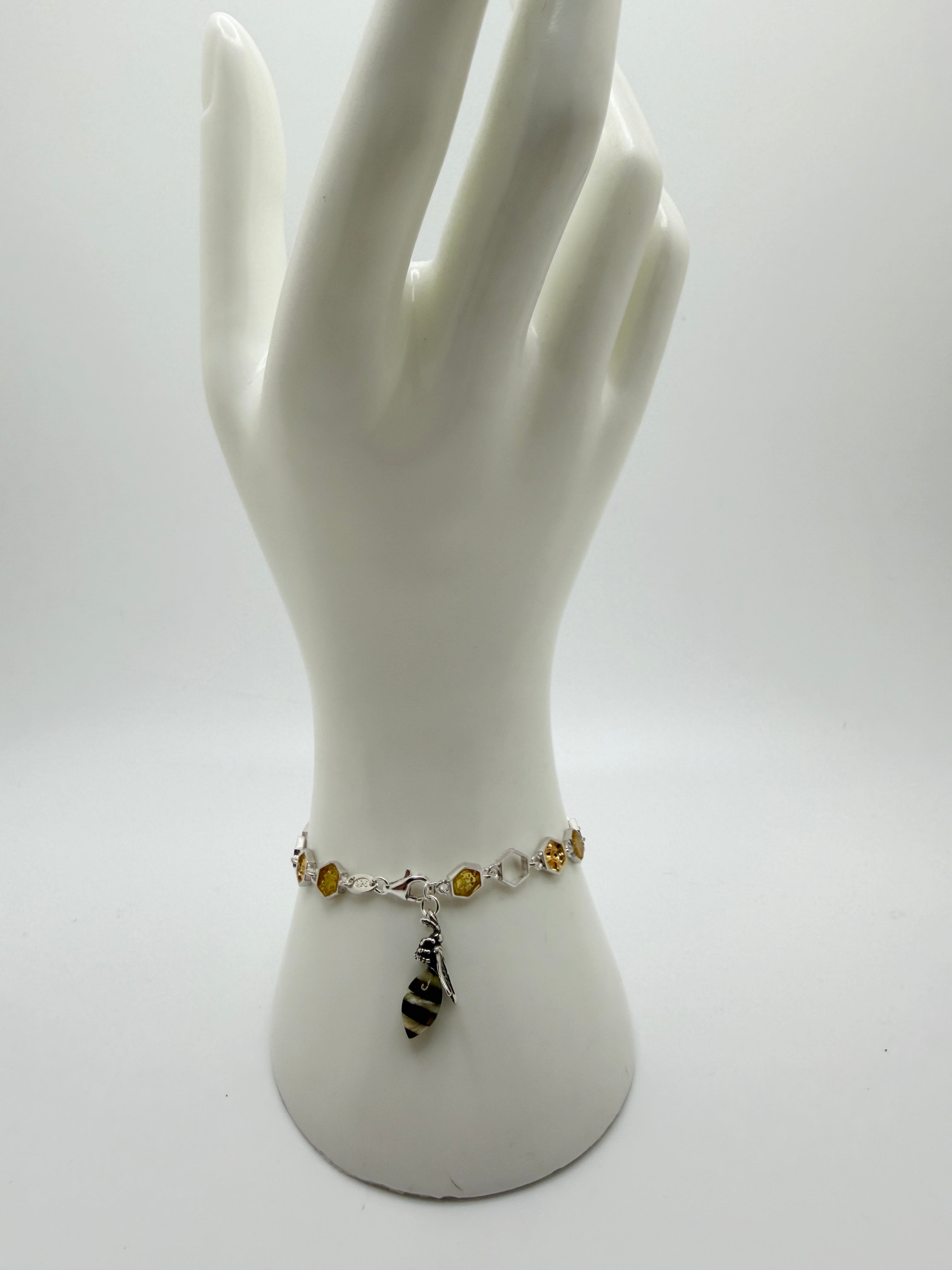 Whimsical sterling silver honeycomb and Baltic amber Bumblebee link bracelet - handmade nature inspired jewelry.