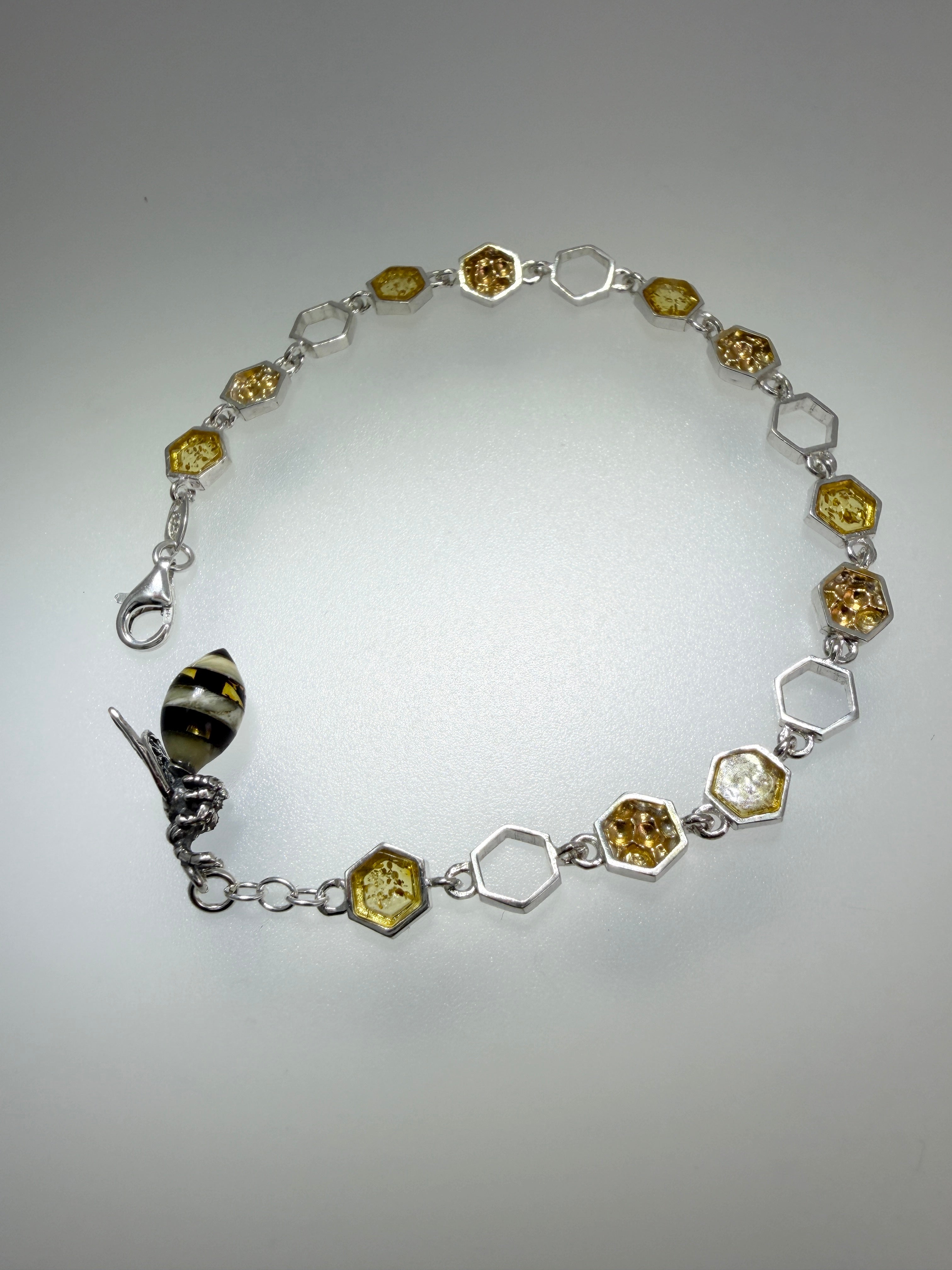 Whimsical sterling silver honeycomb and Baltic amber Bumblebee link bracelet - handmade nature inspired jewelry.