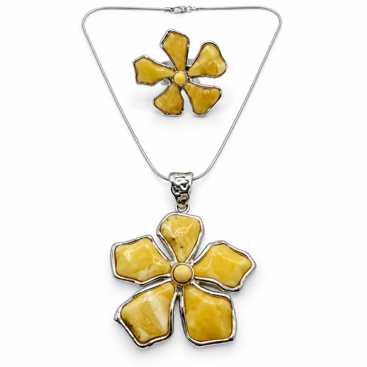 Rare White & Butterscotch Baltic Amber Five-Petal Flower Jewelry Set