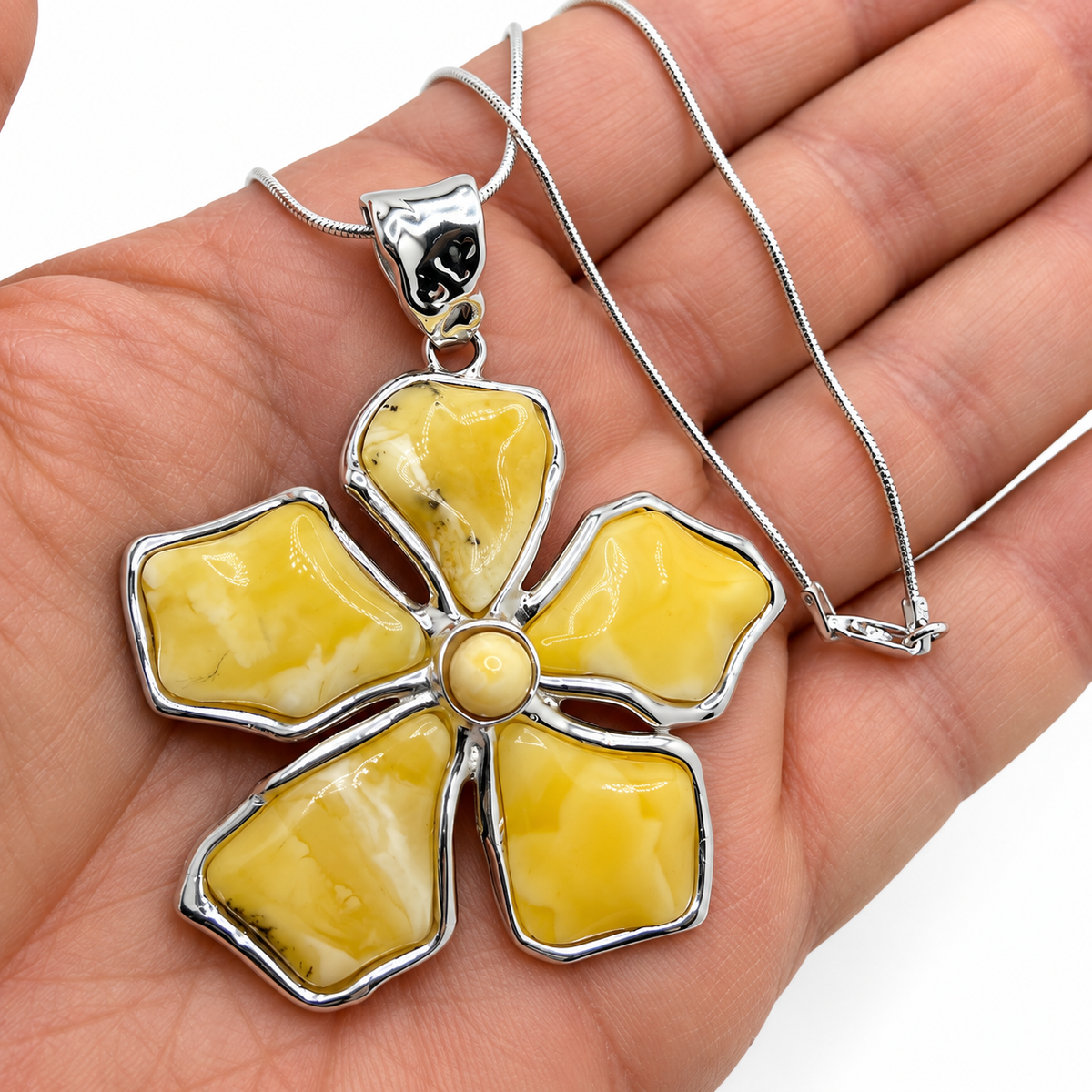 Rare White & Butterscotch Baltic Amber Five-Petal Flower Jewelry Set