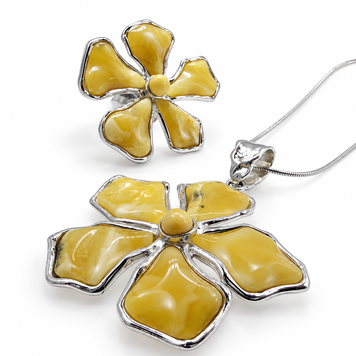 Rare White & Butterscotch Baltic Amber Five-Petal Flower Jewelry Set