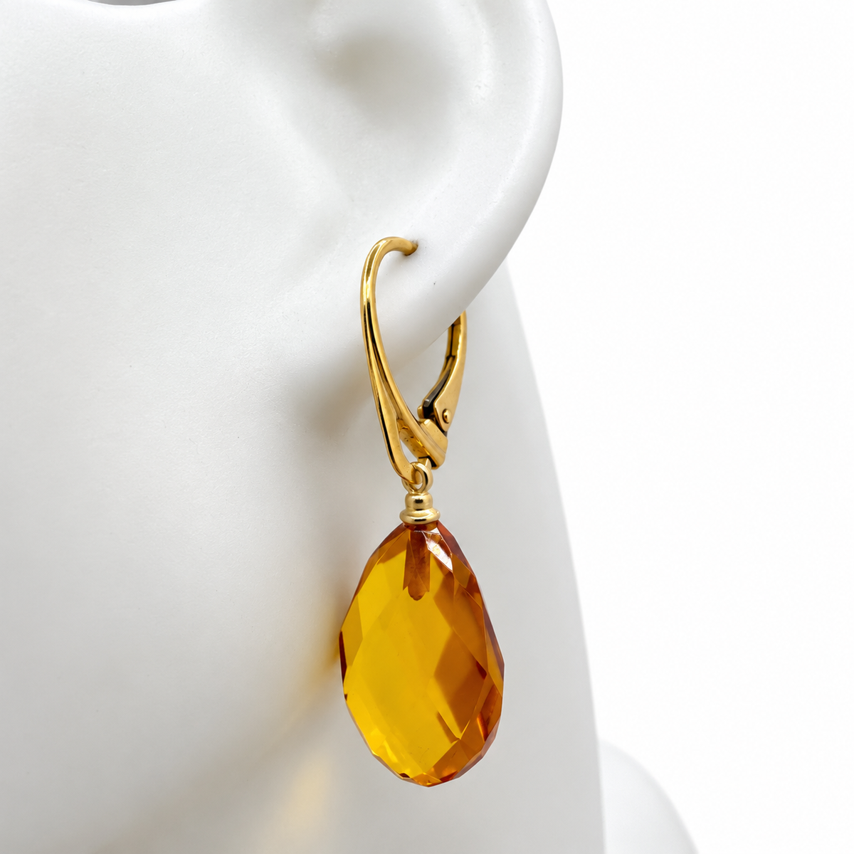 Genuine Baltic Amber Earrings Honey Faceted Teardrop Gold Plated Lever Back Earrings Handmade in Lithuania Amber Drop Earrings