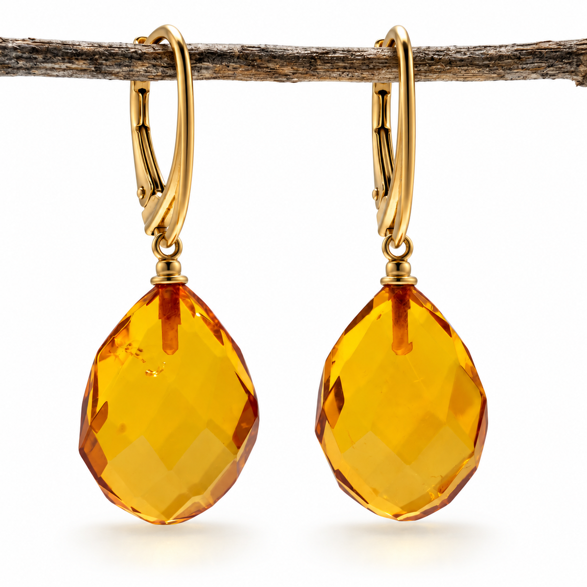Genuine Baltic Amber Earrings Honey Faceted Teardrop Gold Plated Lever Back Earrings Handmade in Lithuania Amber Drop Earrings