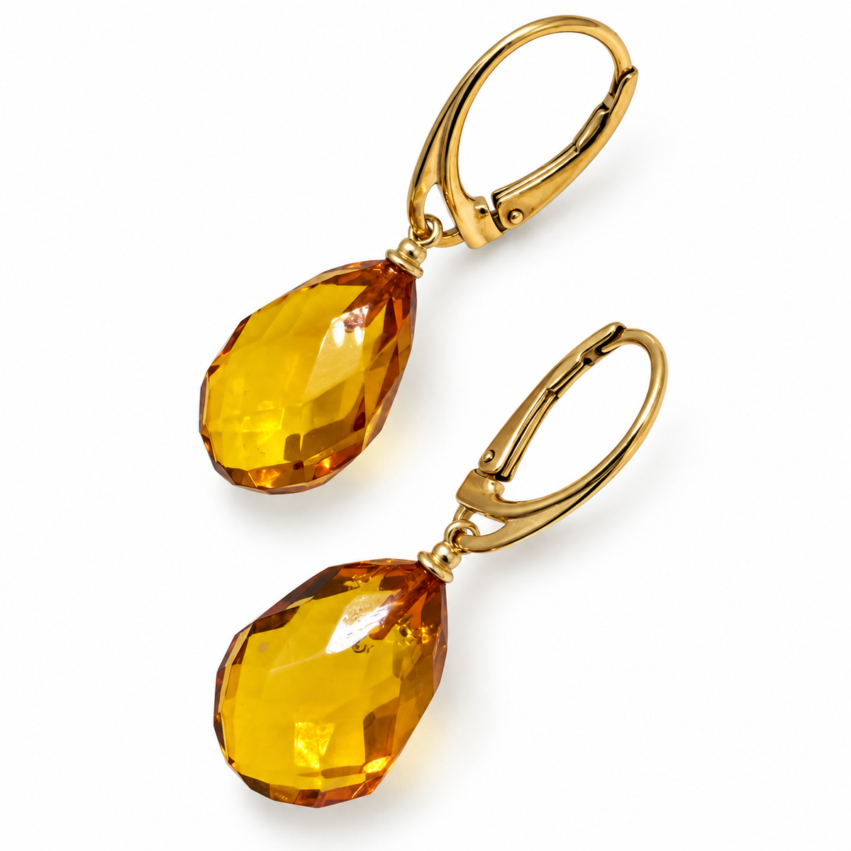 Genuine Baltic Amber Earrings Honey Faceted Teardrop Gold Plated Lever Back Earrings Handmade in Lithuania Amber Drop Earrings