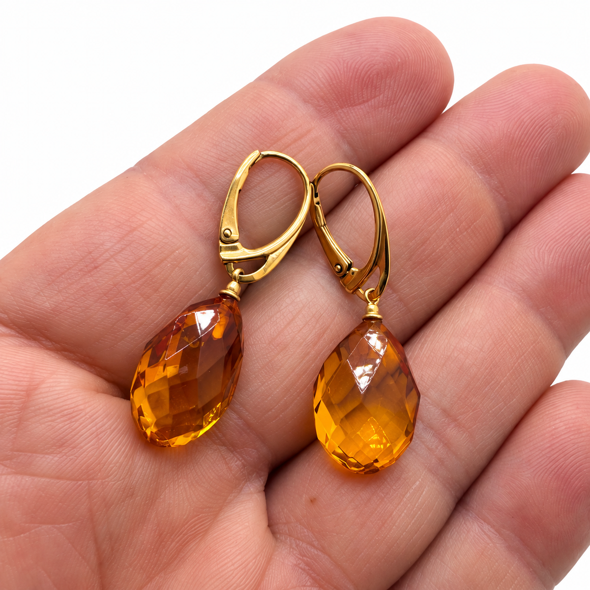 Genuine Baltic Amber Earrings Honey Faceted Teardrop Gold Plated Lever Back Earrings Handmade in Lithuania Amber Drop Earrings