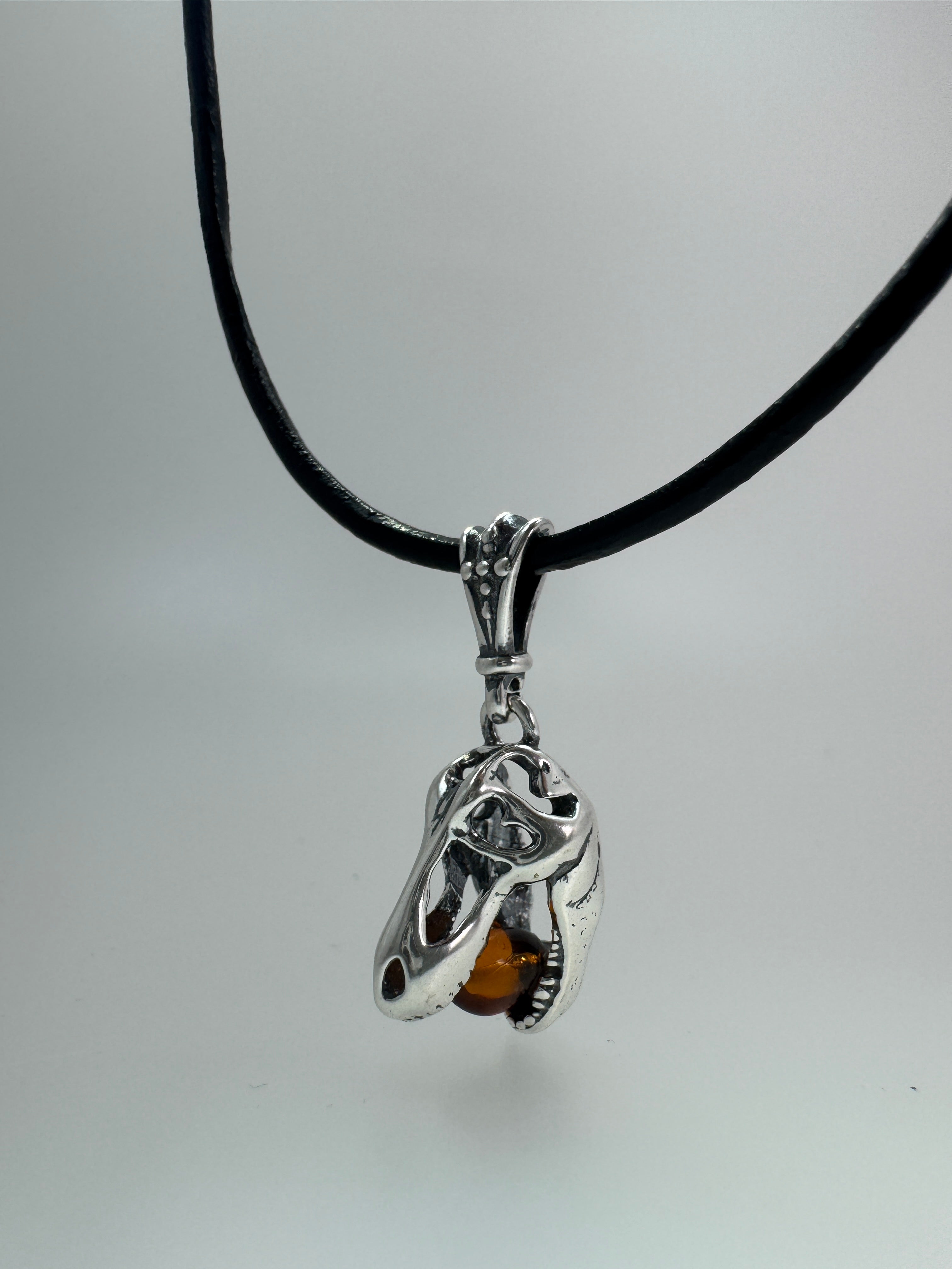 Small Sterling Silver Tyrannosaurus Rex Pendant with Baltic Amber – Kid-Friendly Dino Power - Dinosaur Jewelry