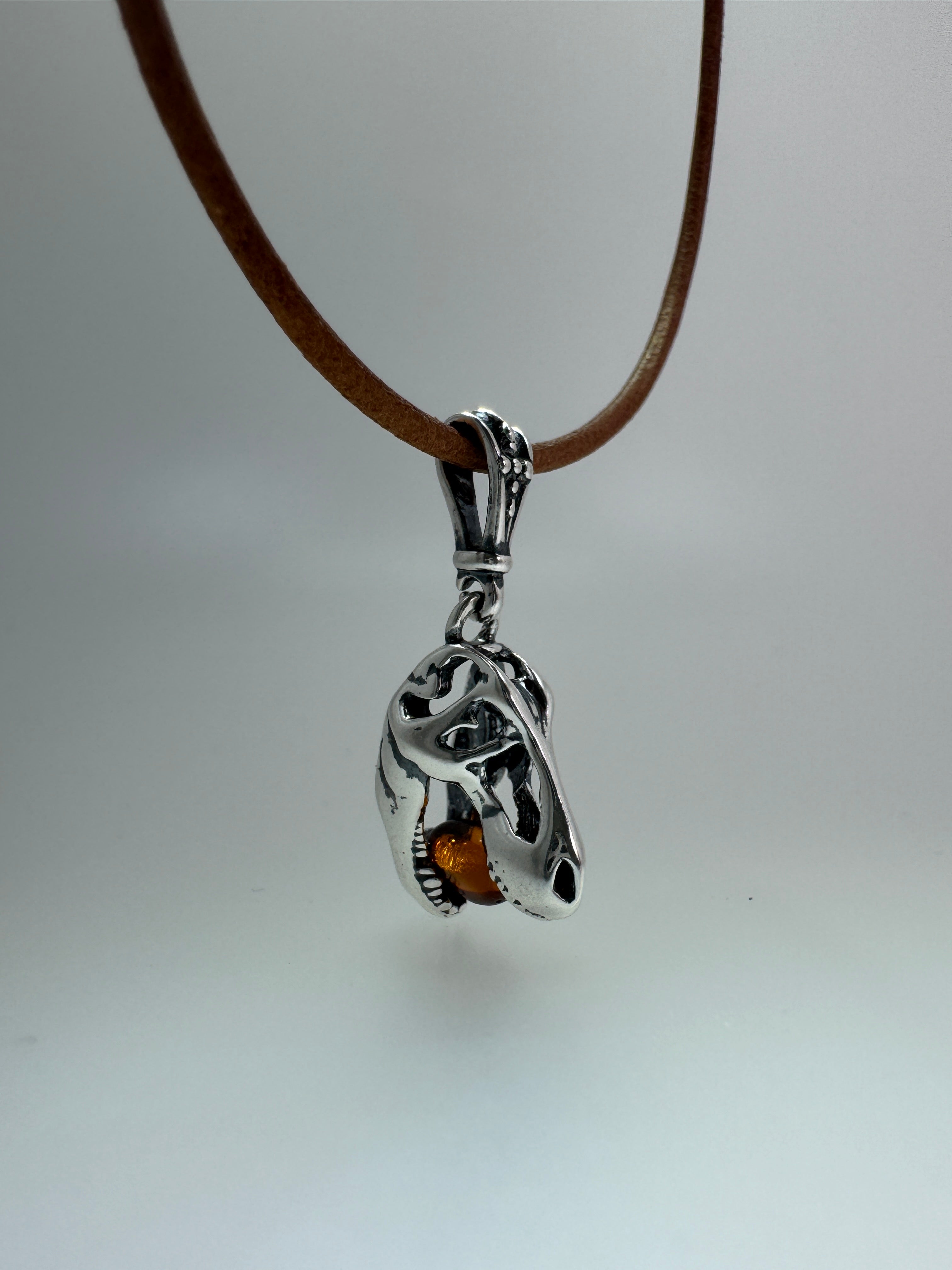 Small Sterling Silver Tyrannosaurus Rex Pendant with Baltic Amber – Kid-Friendly Dino Power - Dinosaur Jewelry