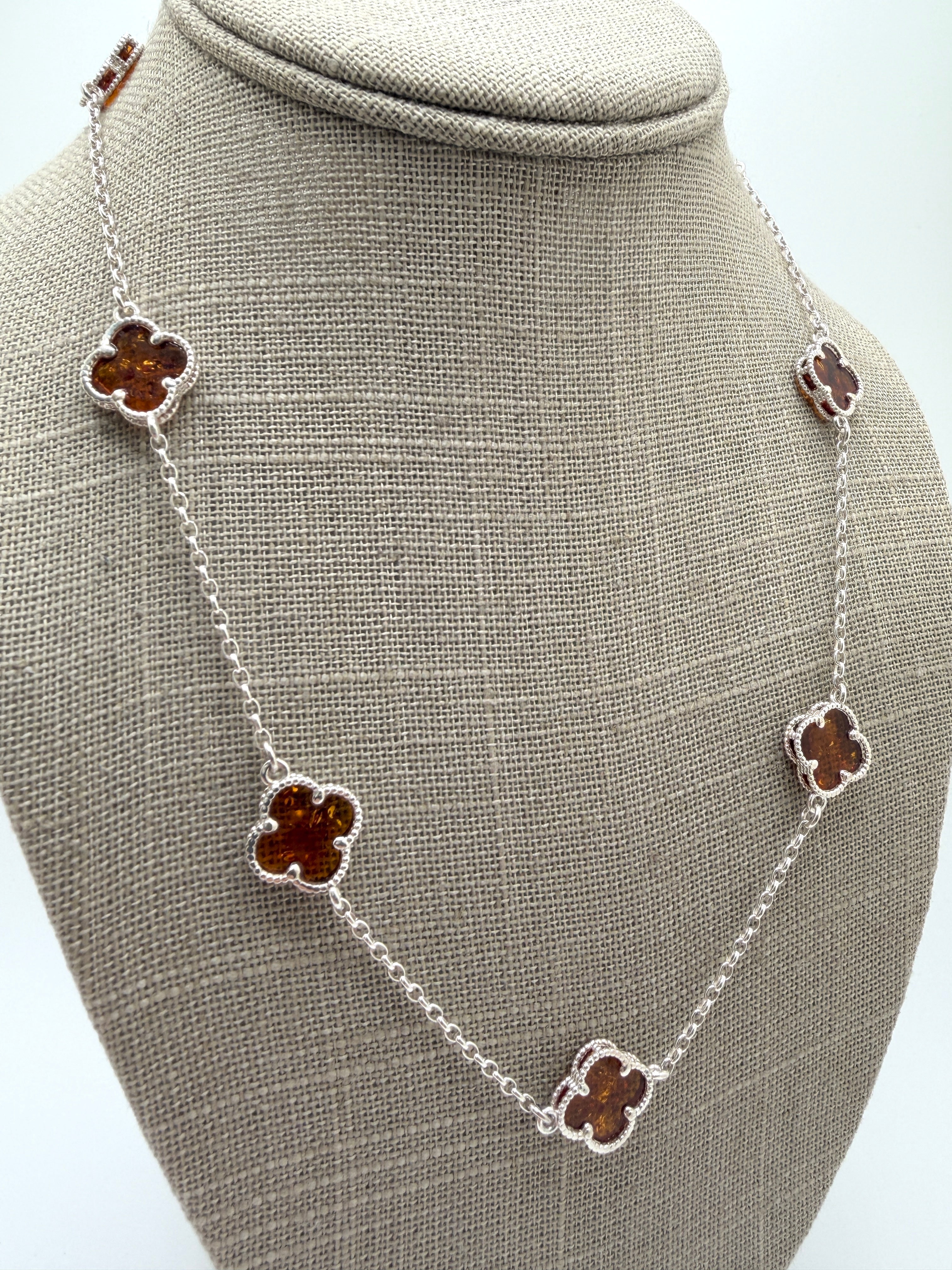Sterling silver and multi color Baltic amber clover necklace