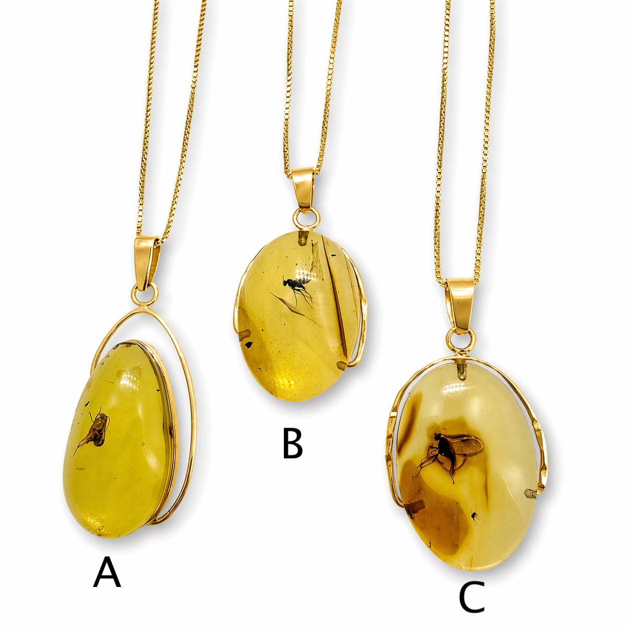14K Gold Baltic Amber Pendant - Fly Inclusion Fossil Necklace Rare Natural Stone
