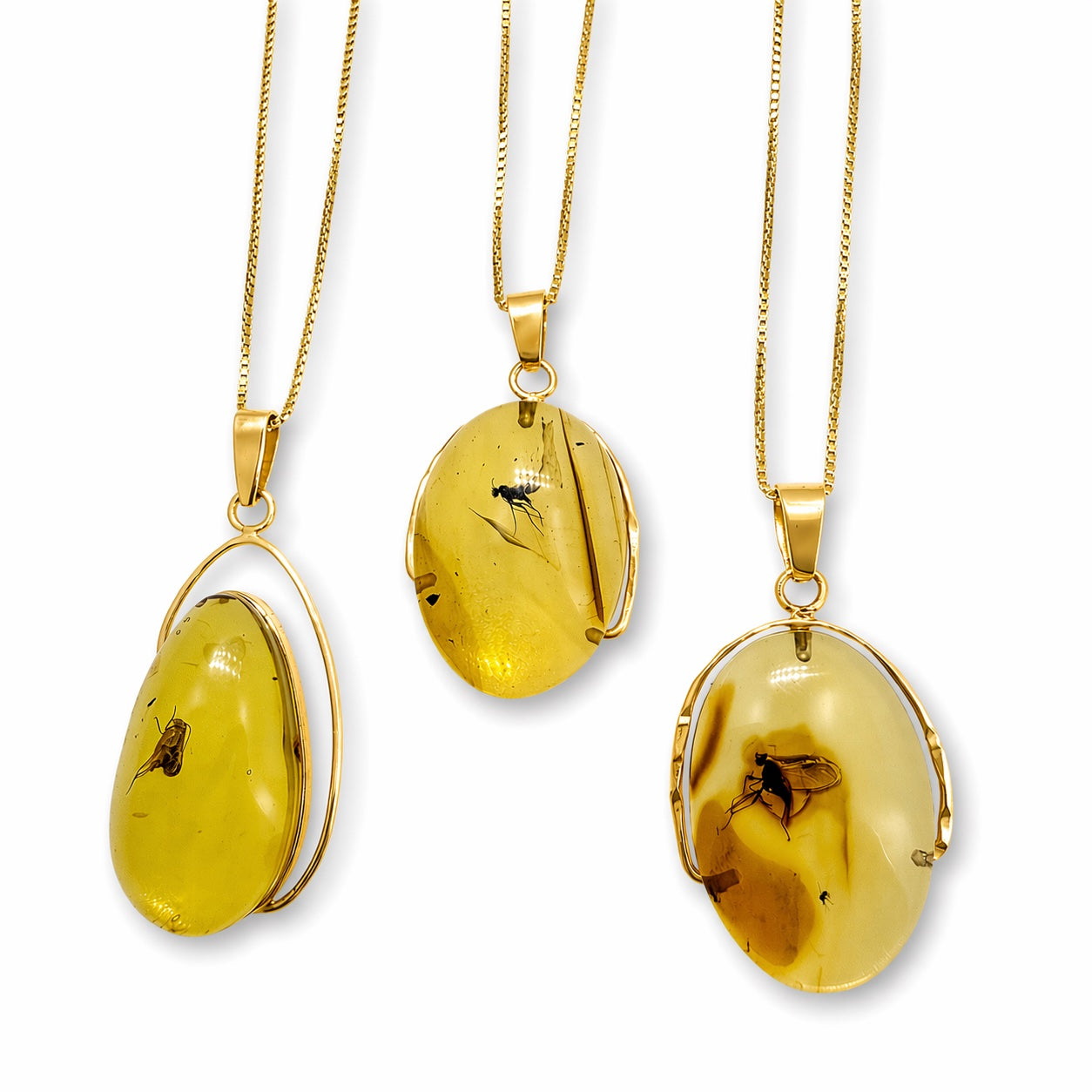 14K Gold Baltic Amber Pendant - Fly Inclusion Fossil Necklace Rare Natural Stone