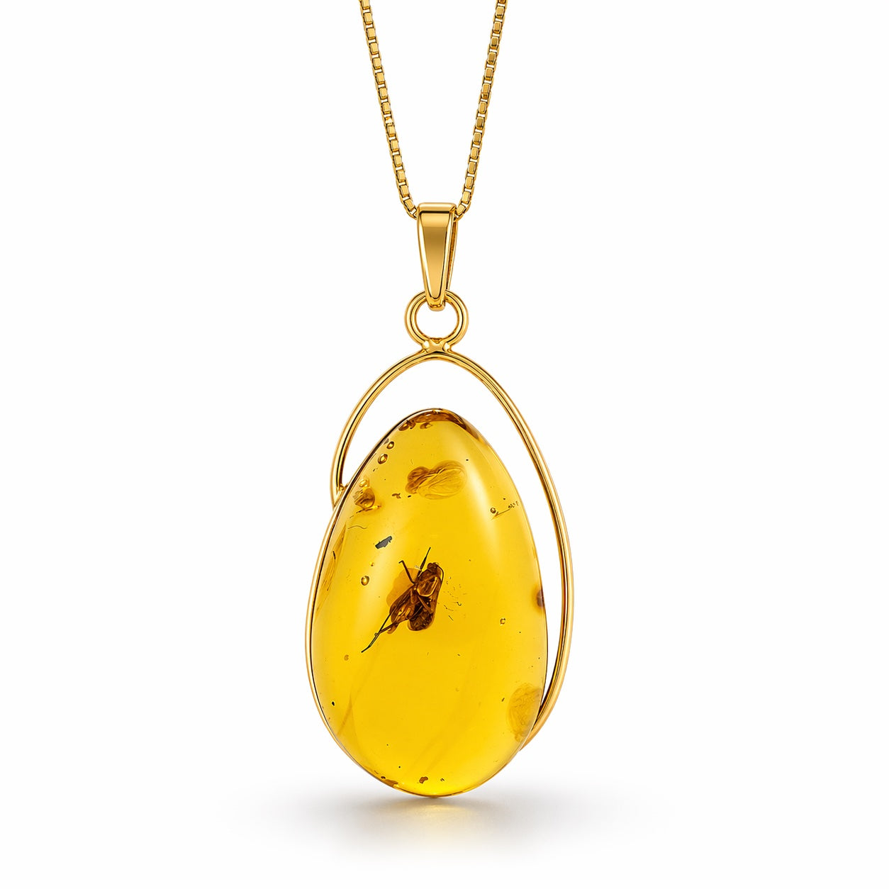 14K Gold Baltic Amber Pendant - Fly Inclusion Fossil Necklace Rare Natural Stone