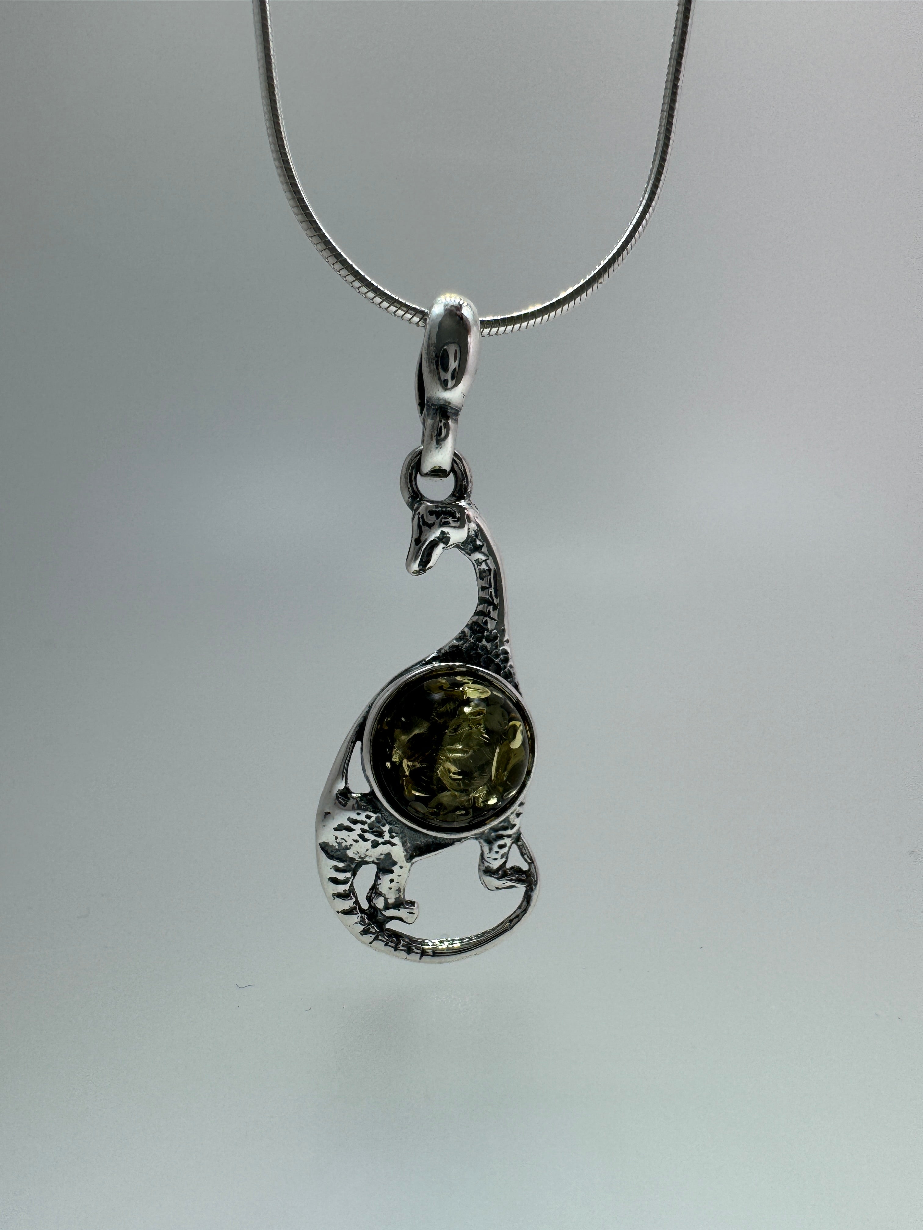 Sterling Silver Brontosaurus Pendant with Baltic Amber – Gentle Giant for Dino Lovers - Shipped on Silver chain