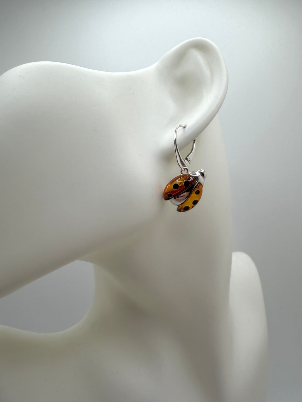 Baltic Amber Ladybug Earrings – Sterling Silver Drop Lever Back – Hand Carved Cognac Amber