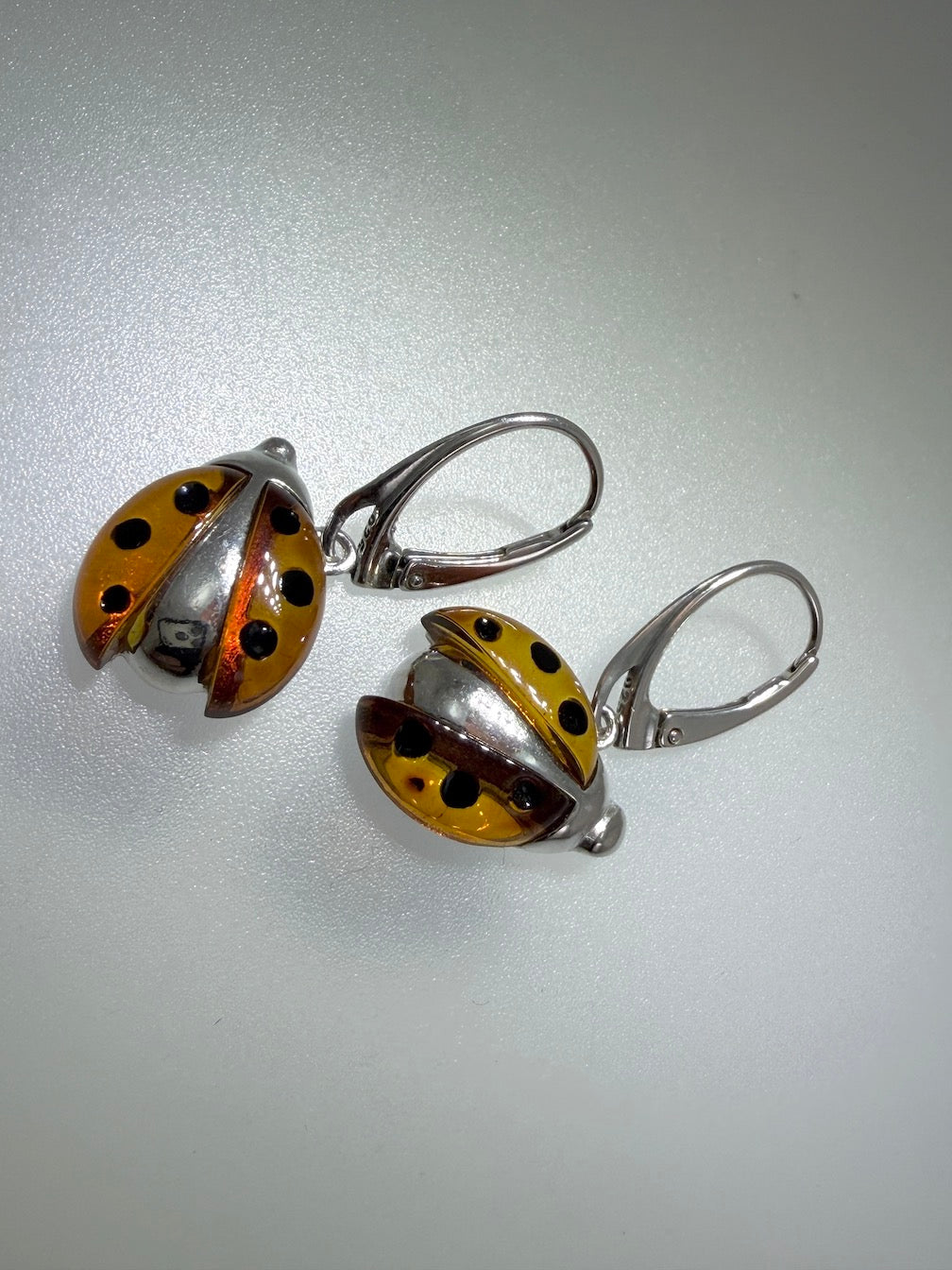 Baltic Amber Ladybug Earrings – Sterling Silver Drop Lever Back – Hand Carved Cognac Amber