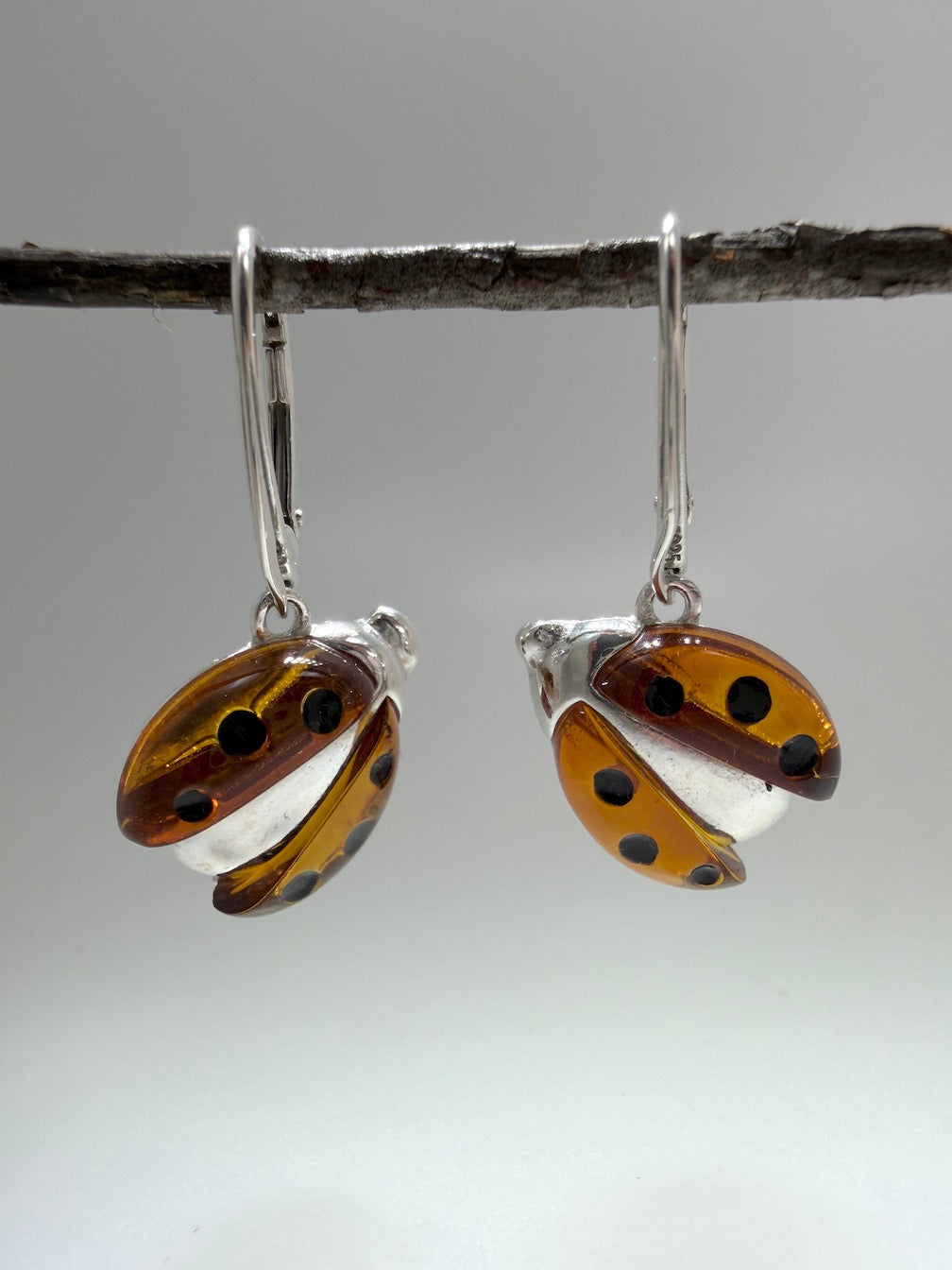 Baltic Amber Ladybug Earrings – Sterling Silver Drop Lever Back – Hand Carved Cognac Amber