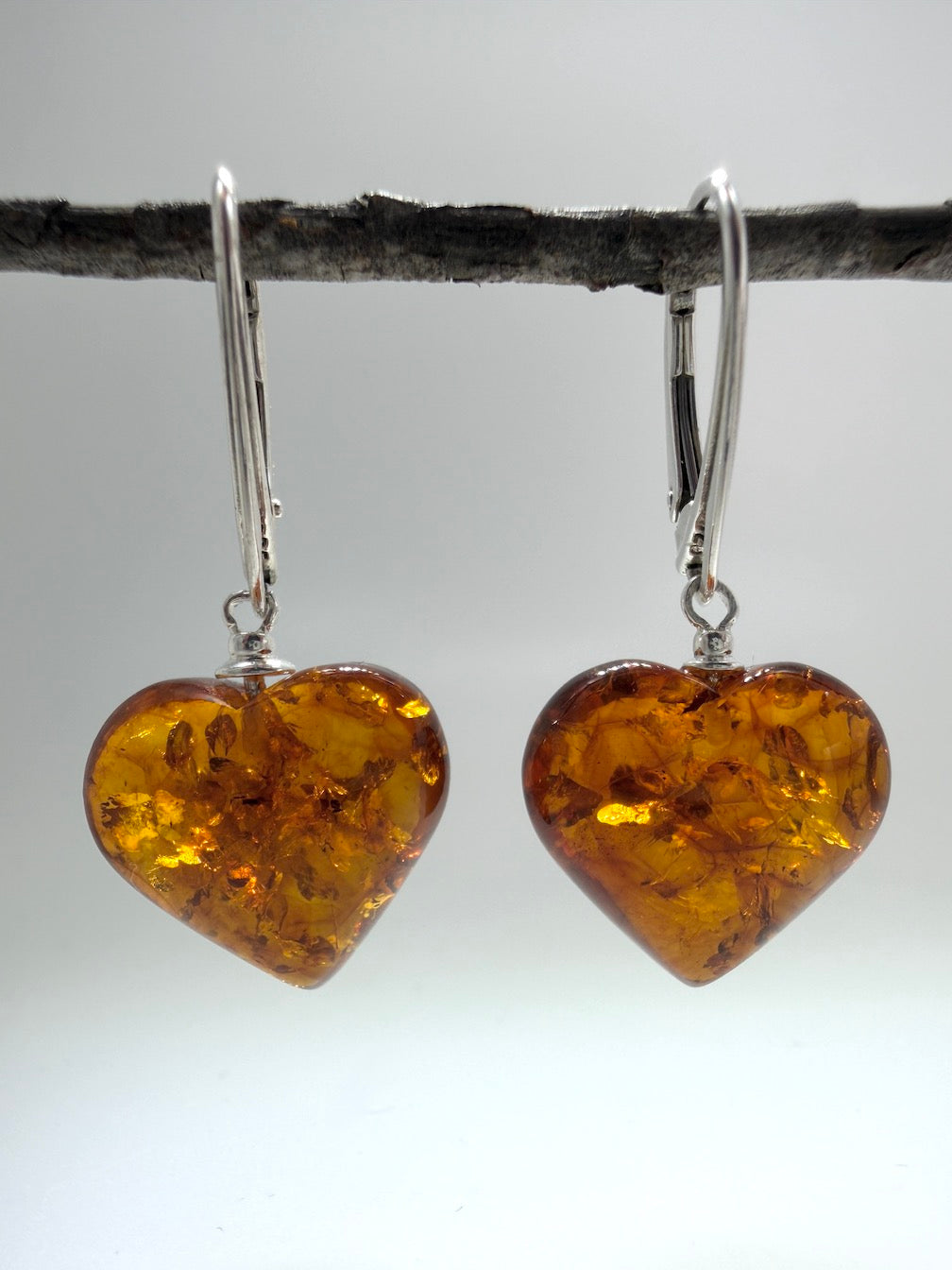 Baltic amber heart leverback drop earrings