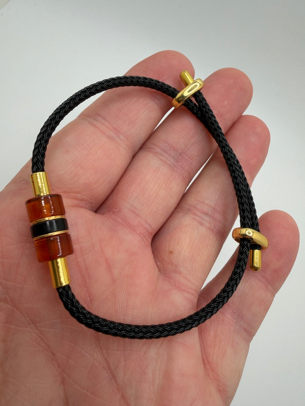 Men’s Baltic Amber & Black Onyx Bracelet – Honey Amber Cone – Adjustable Black Cord – Lightweight Minimalist Men’s Jewelry