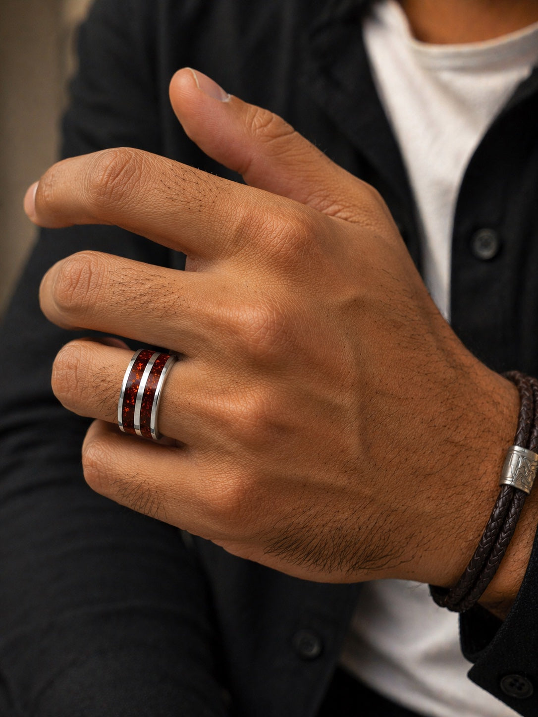 Men’s Baltic All-Around Amber Inlay Statement Ring – Polished Band,  Everyday Comfort Fit