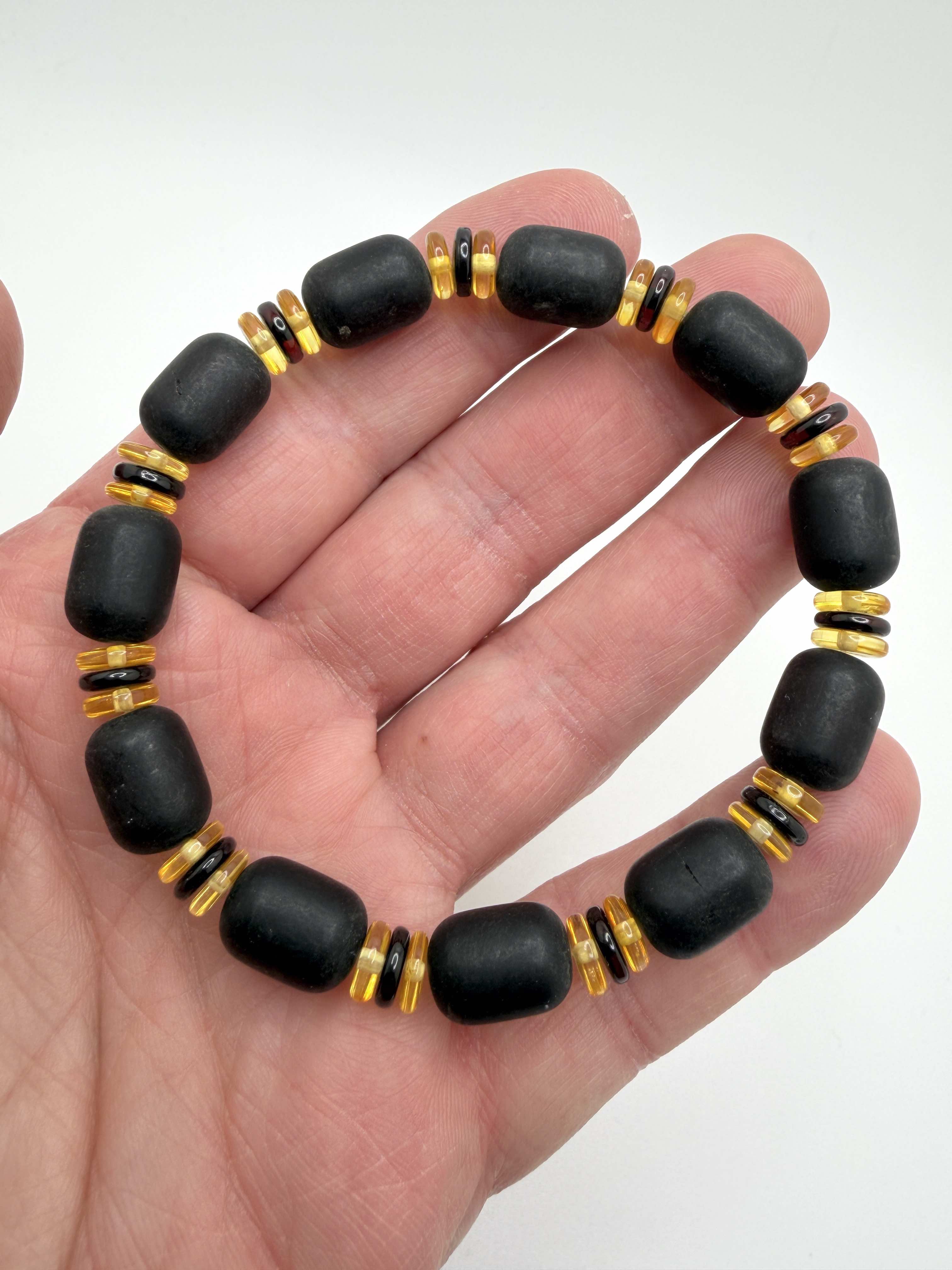 Genuine Baltic Amber Men’s Stretch Bracelet | Dark Cherry Amber & Lemon Contrast | Handmade Amber Jewelry
