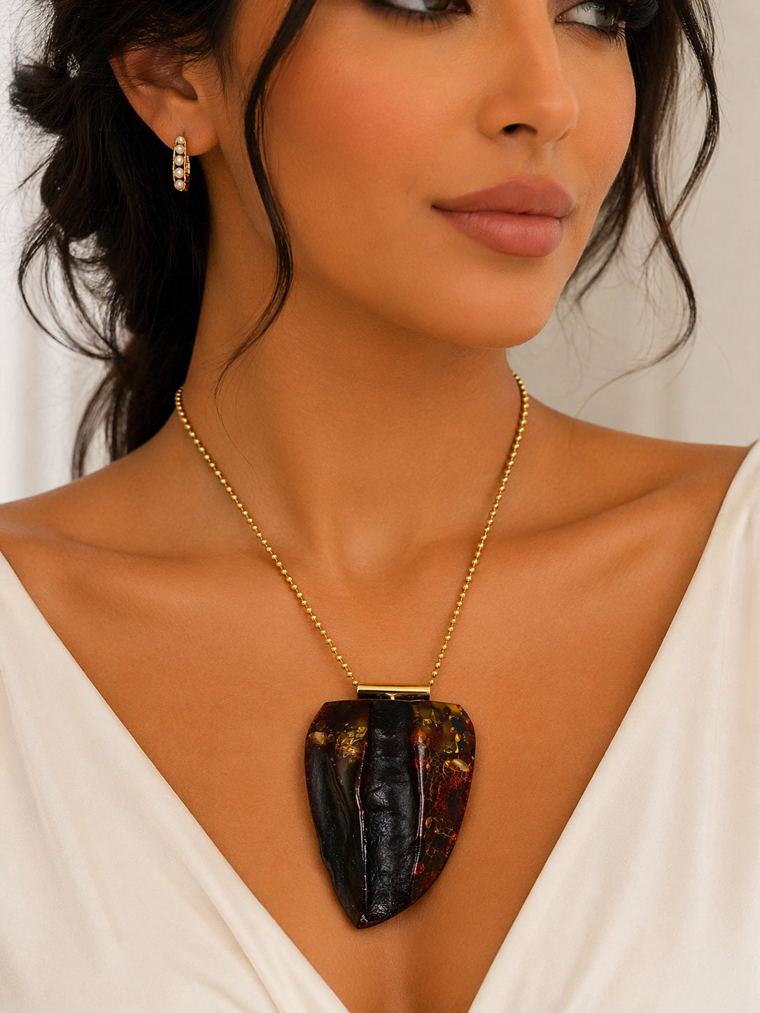 Cherry Green Baltic Amber Necklace – Large Modern Triangle Pendant – Gold Plated Sterling Silver Bead Chain – Adjustable Length Statement Piece
