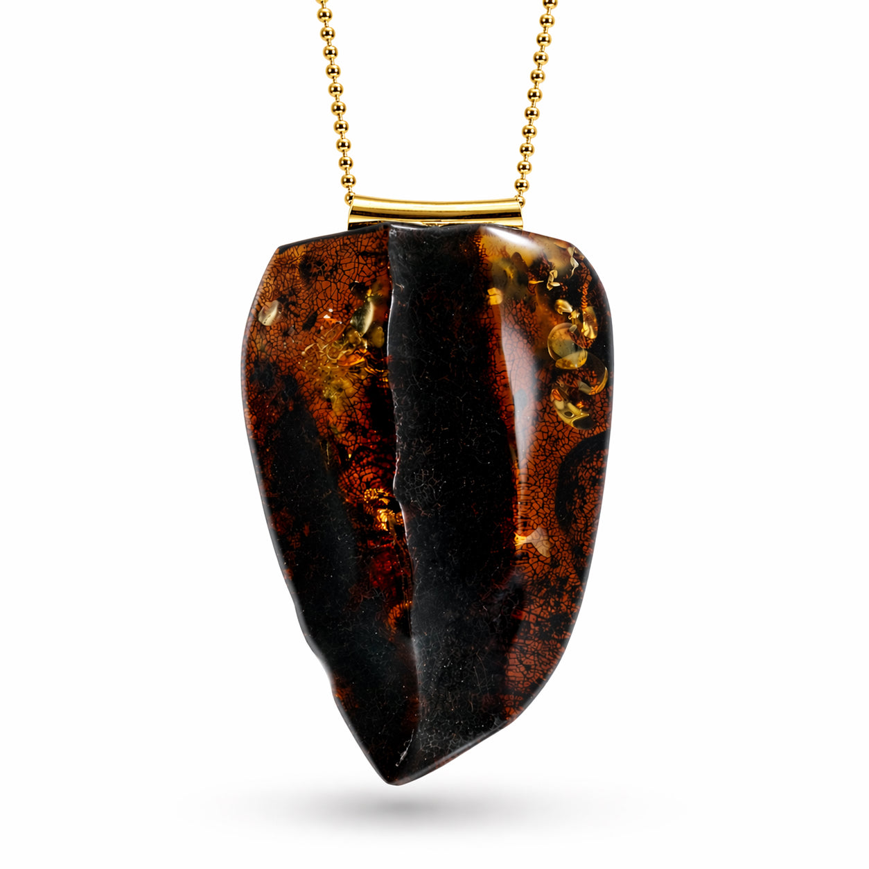 Cherry Green Baltic Amber Necklace – Large Modern Triangle Pendant – Gold Plated Sterling Silver Bead Chain – Adjustable Length Statement Piece