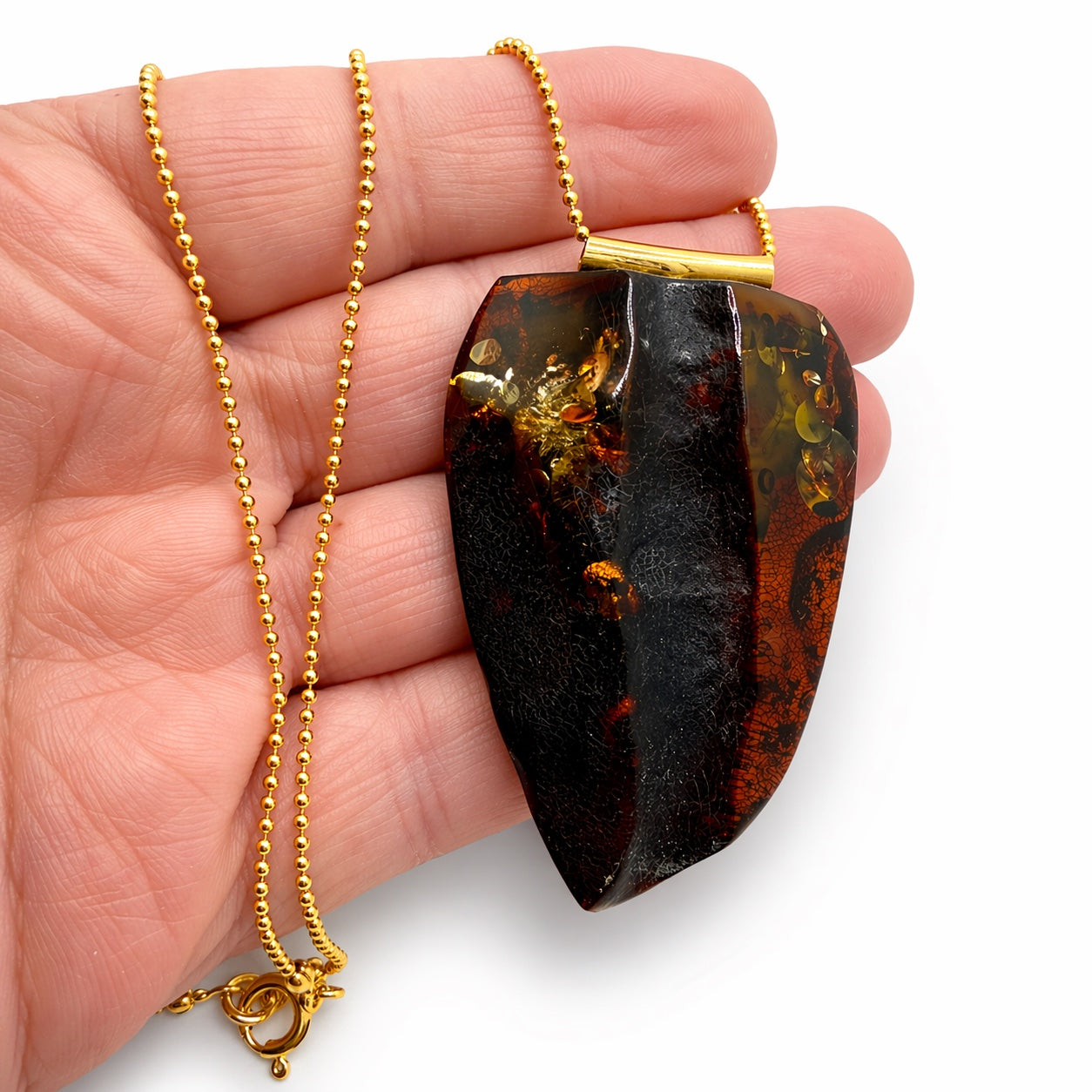Cherry Green Baltic Amber Necklace – Large Modern Triangle Pendant – Gold Plated Sterling Silver Bead Chain – Adjustable Length Statement Piece