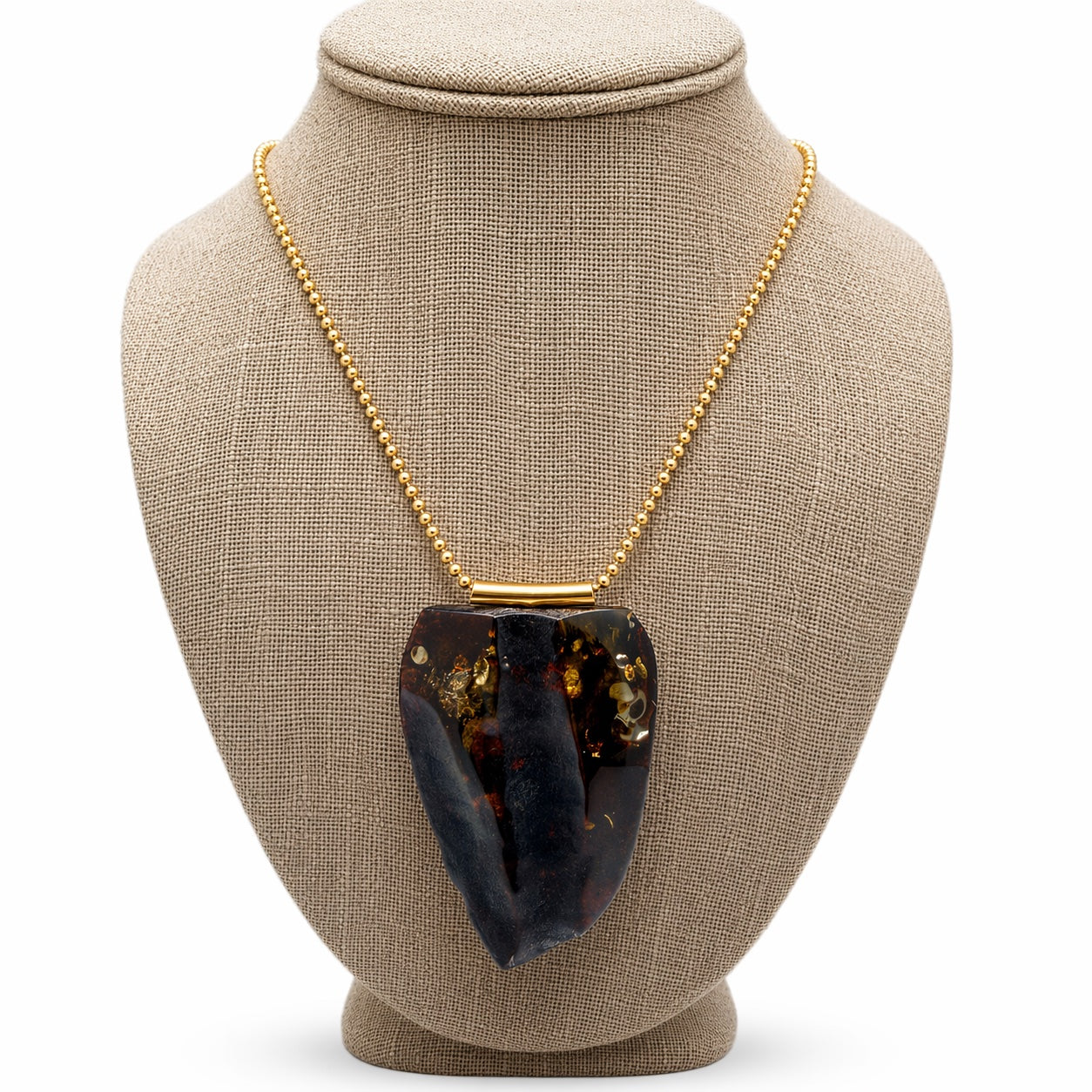 Cherry Green Baltic Amber Necklace – Large Modern Triangle Pendant – Gold Plated Sterling Silver Bead Chain – Adjustable Length Statement Piece