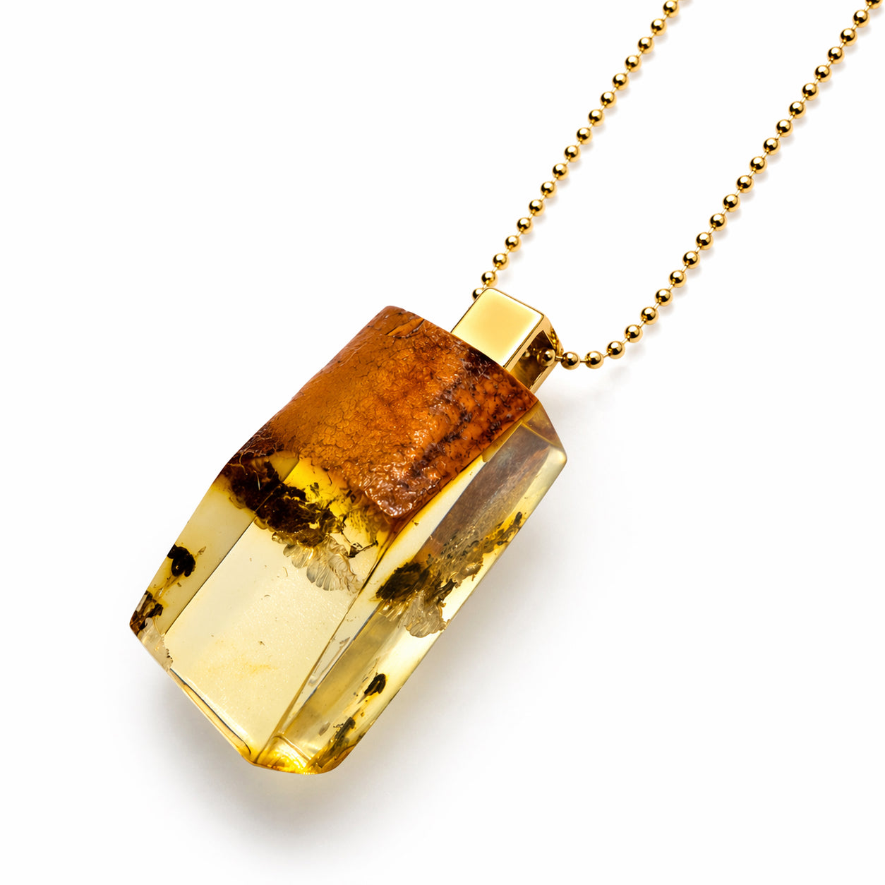 Modern One of a Kind Clear Lemon Baltic Amber Pendant – Gold Plated Sterling Silver Bead Chain – Rare Transparent Amber Necklace