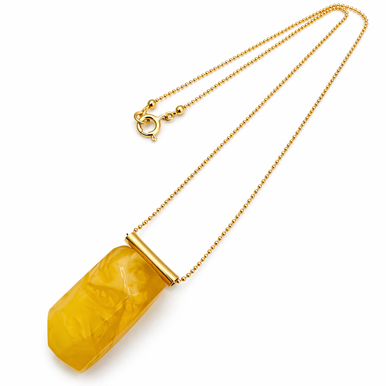 Modern One of a Kind Baltic Amber Pendant – Gold Plated Sterling Silver Bead Chain – Butterscotch Amber Statement Necklace