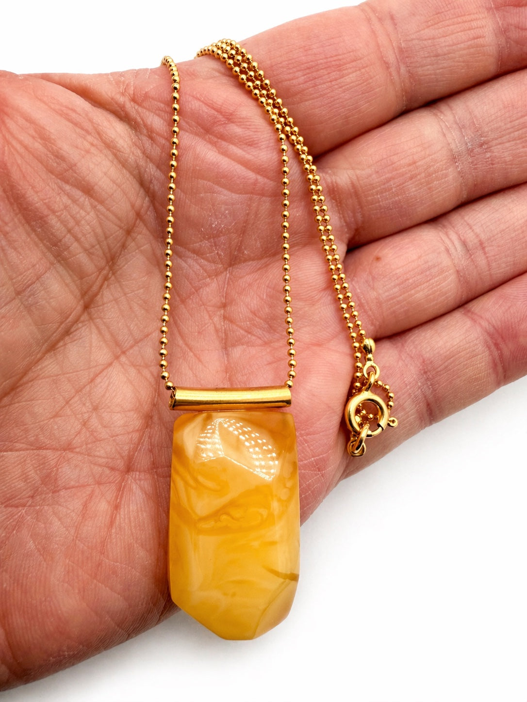 Modern One of a Kind Baltic Amber Pendant – Gold Plated Sterling Silver Bead Chain – Butterscotch Amber Statement Necklace