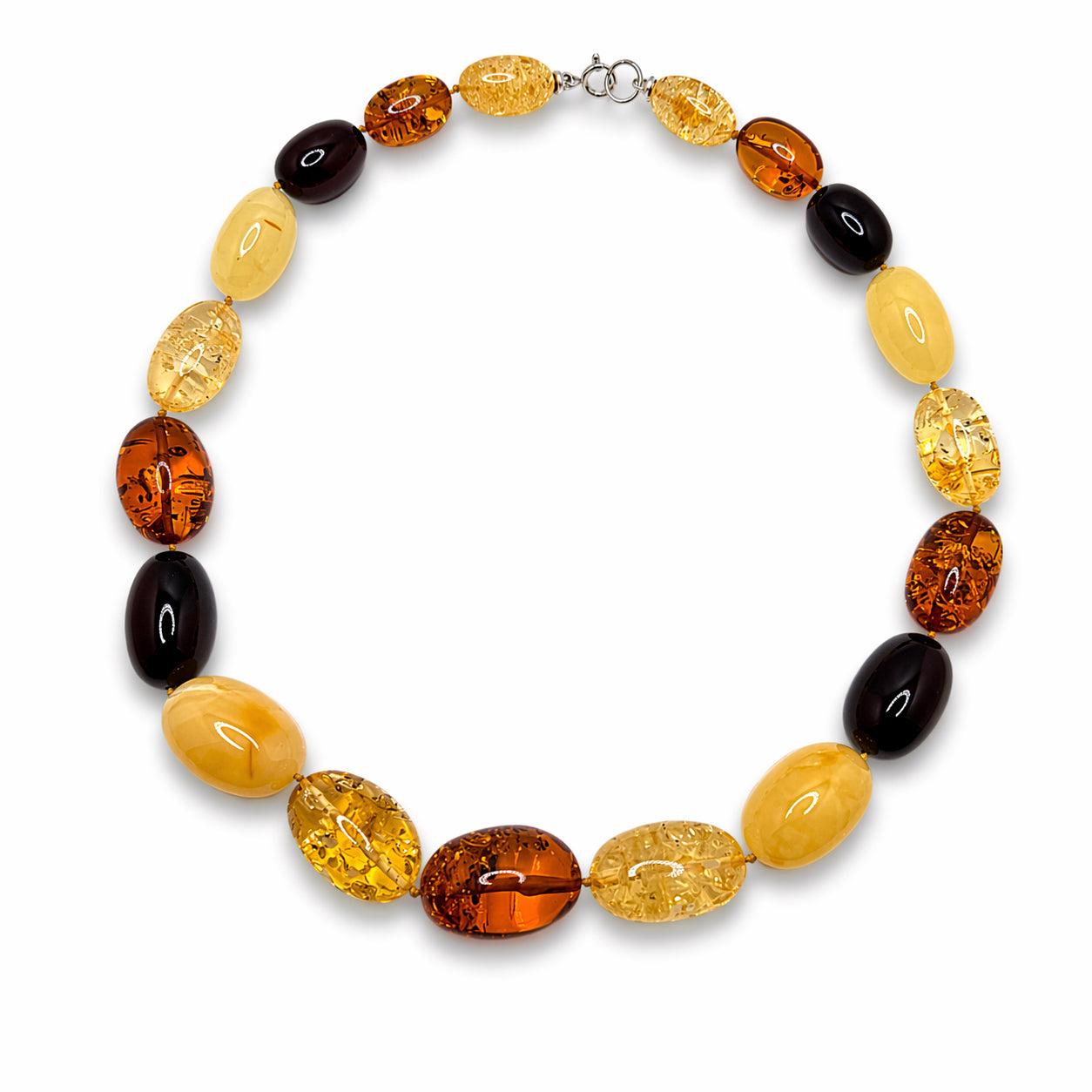 Genuine Baltic Amber Statement Necklace – Multicolor Lemon Cognac Cherry Butterscotch – Oversized Stones – Handmade Sterling Silver Clasp – Museum Quality