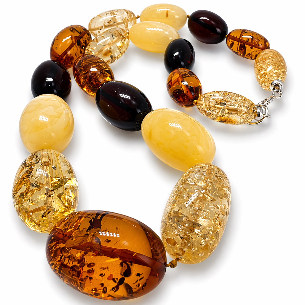 Genuine Baltic Amber Statement Necklace – Multicolor Lemon Cognac Cherry Butterscotch – Oversized Stones – Handmade Sterling Silver Clasp – Museum Quality