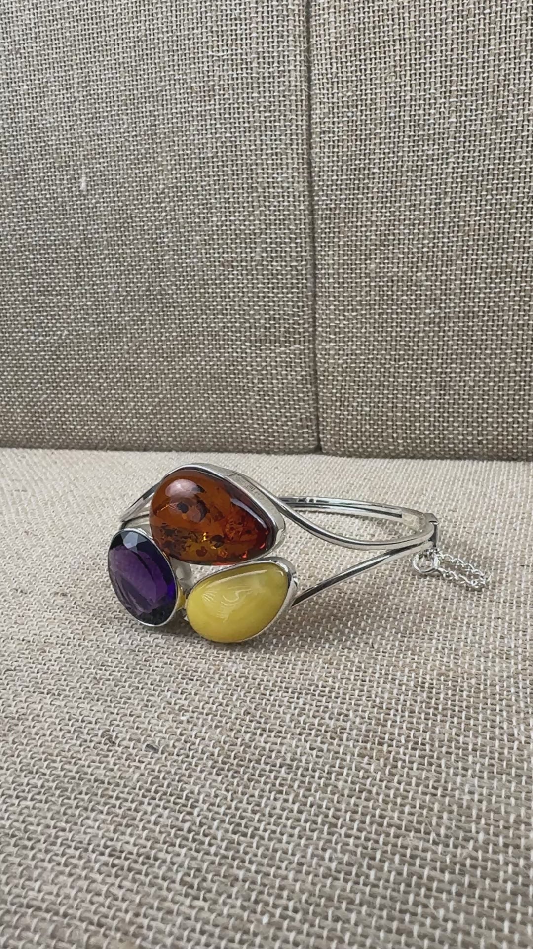 Sterling Silver Baltic Amber & Faceted Amethyst Cuff Bracelet – Handmade in Poland